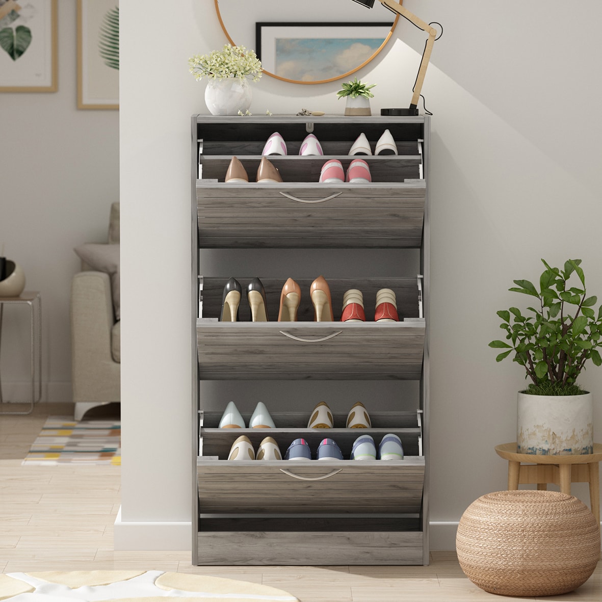 White Tall Shoe Cabinet with 5 Shelves for 10 Pairs Shoes Narrow
