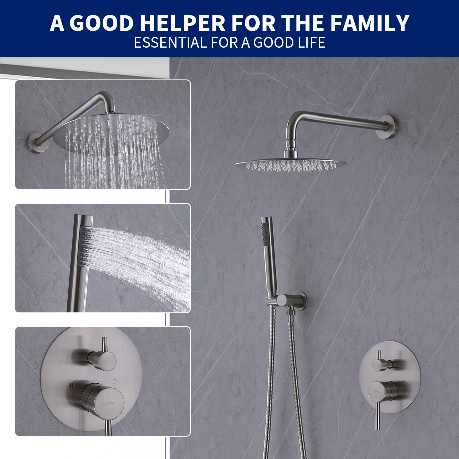 Large Brushed Nickel Rain Shower Faucet with Handheld