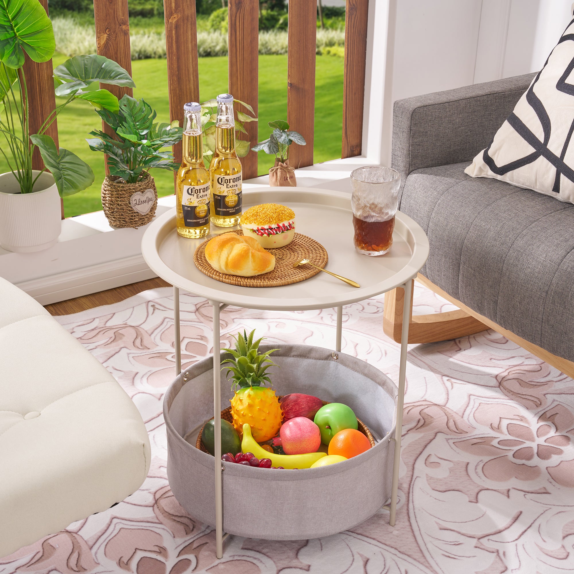 Vecelo LOE-XJM-MD02-BGE Metal Round Side Table Anti-Rust End Table with Fabric Storage Basket And Removable Tray Top Beige Nightstand