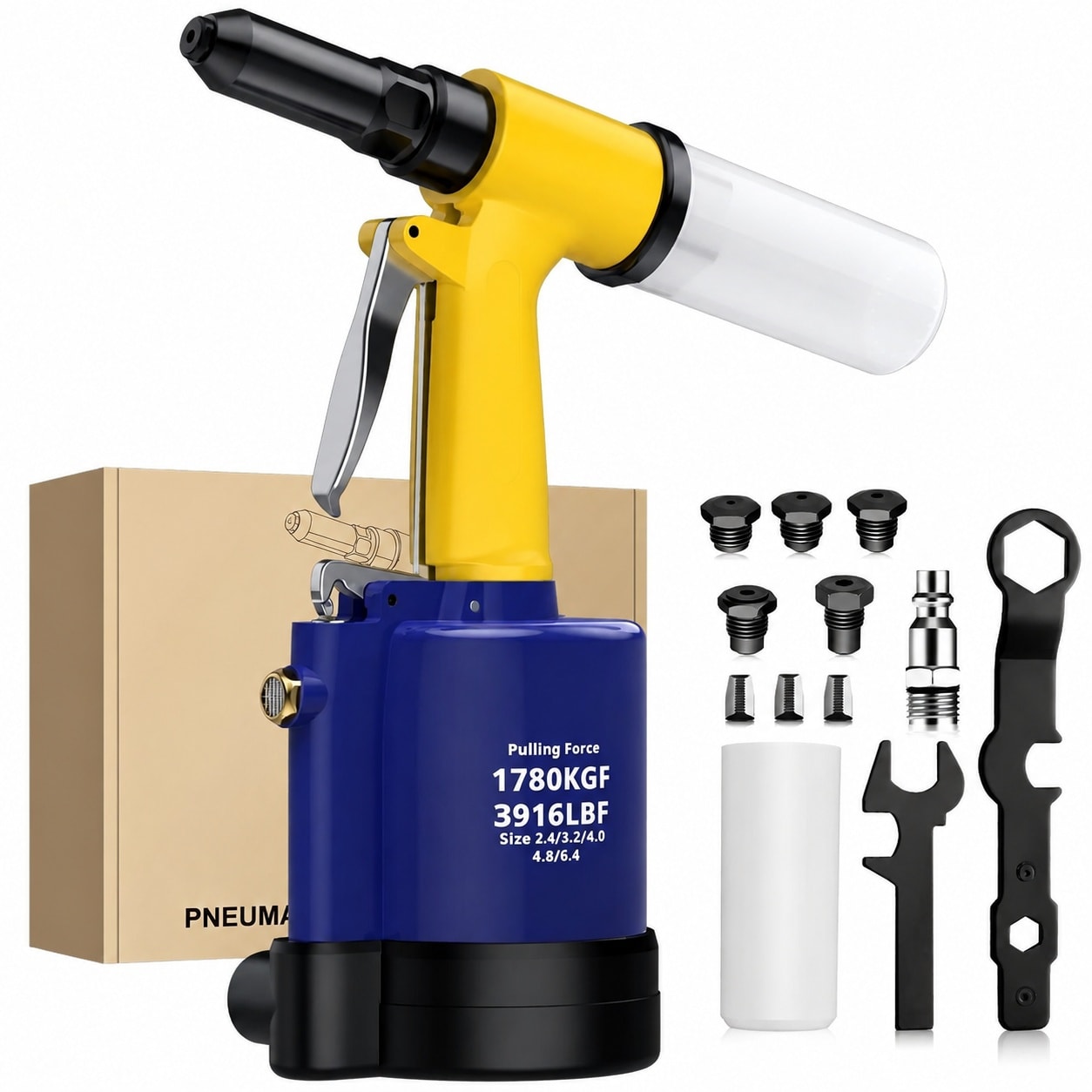 Ahfiwaso  Heavy Duty Pneumatic Rivet Gun with Five Interchangeable Heads for 3 32 in 1 8 in 5 32 in 3 16 in and 1 4 in Rivets Air Hydraulic