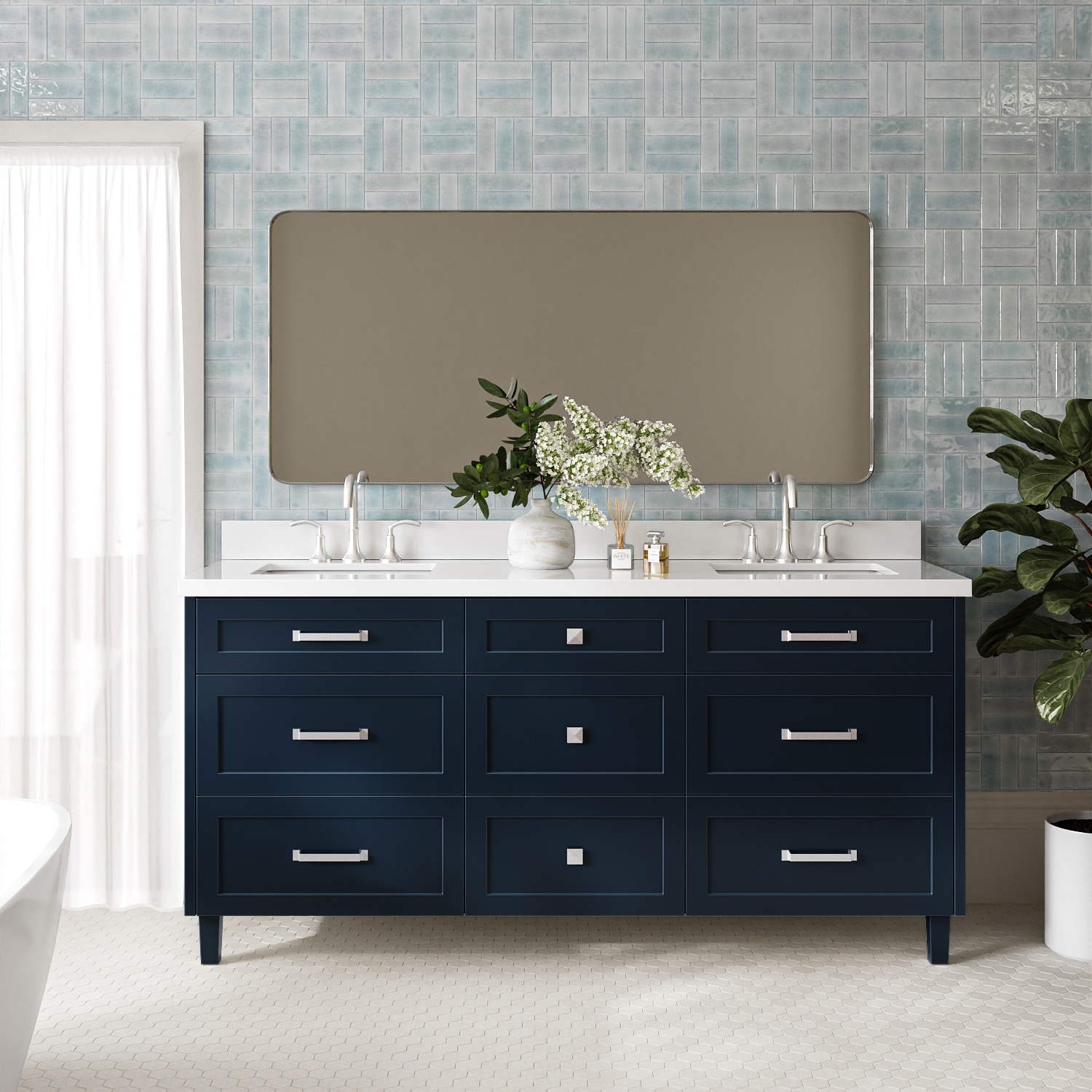 ARIEL - Monroe 72-in Midnight Blue Undermount Double Sink Bathroom Vanity with Pure White Quartz ...