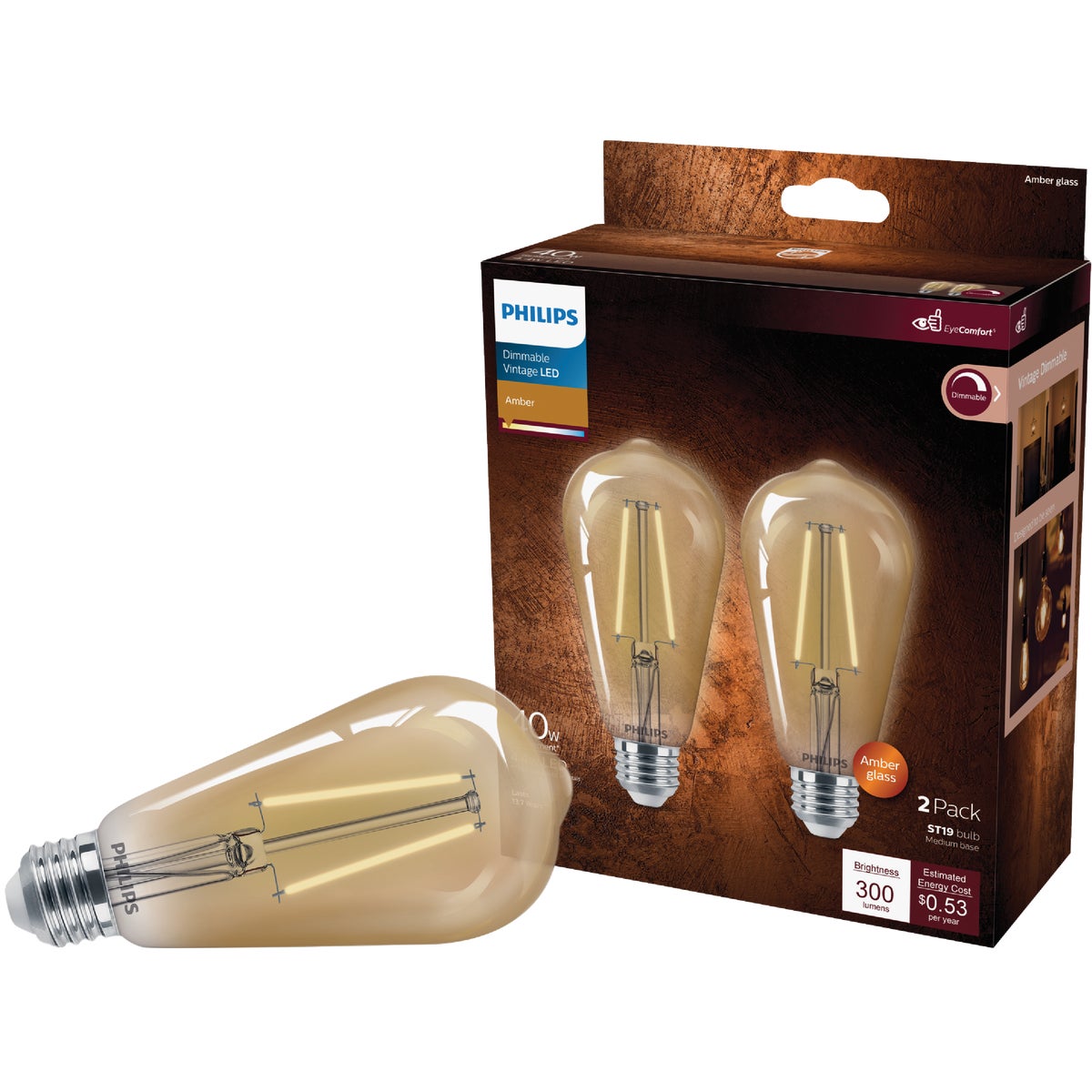 Philips  LED 40W ST19 2-Pack Vintage Edison Amber (2000K) 300 Lumen (4.4W = 40W) Dimmable Frosted Flicker-Free Light Bulbs