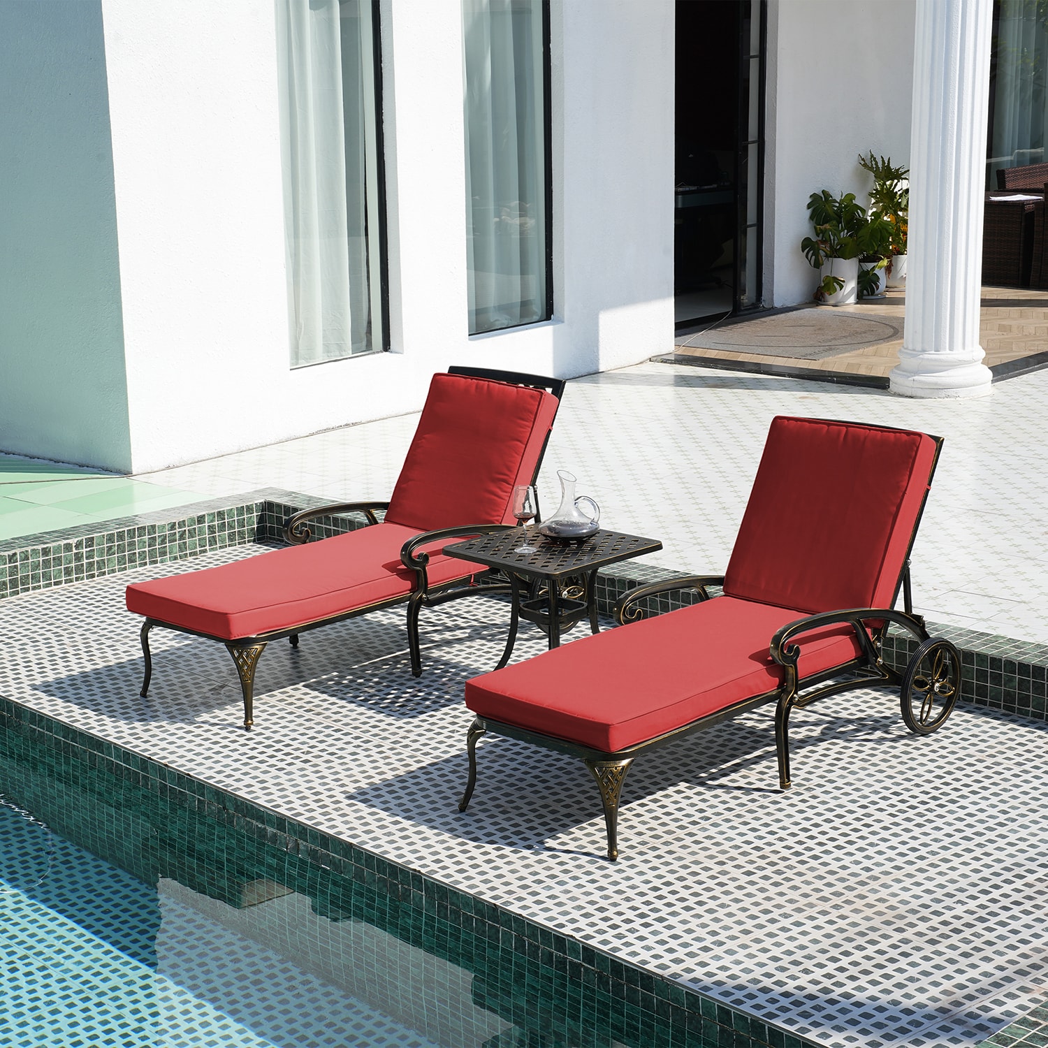 Mondawe 21OD081100FF-S Set of 2 Antique Bronze Aluminum Frame Stationary Chaise Lounge Chair with Red Cushioned Seat