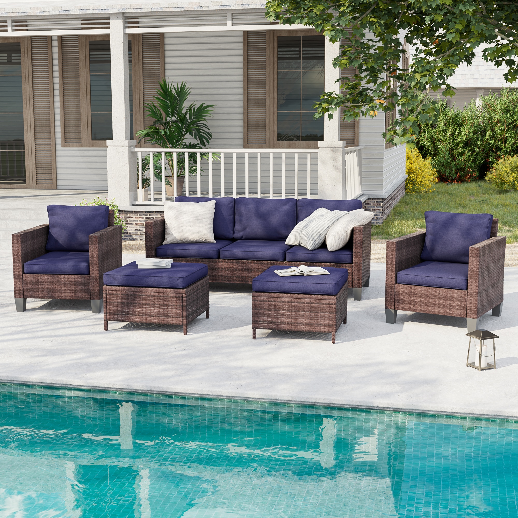 ACEGOSES LW-115BNY Sereno 5 -Piece Wicker Patio Sofa Conversation Set with Blue Cushions