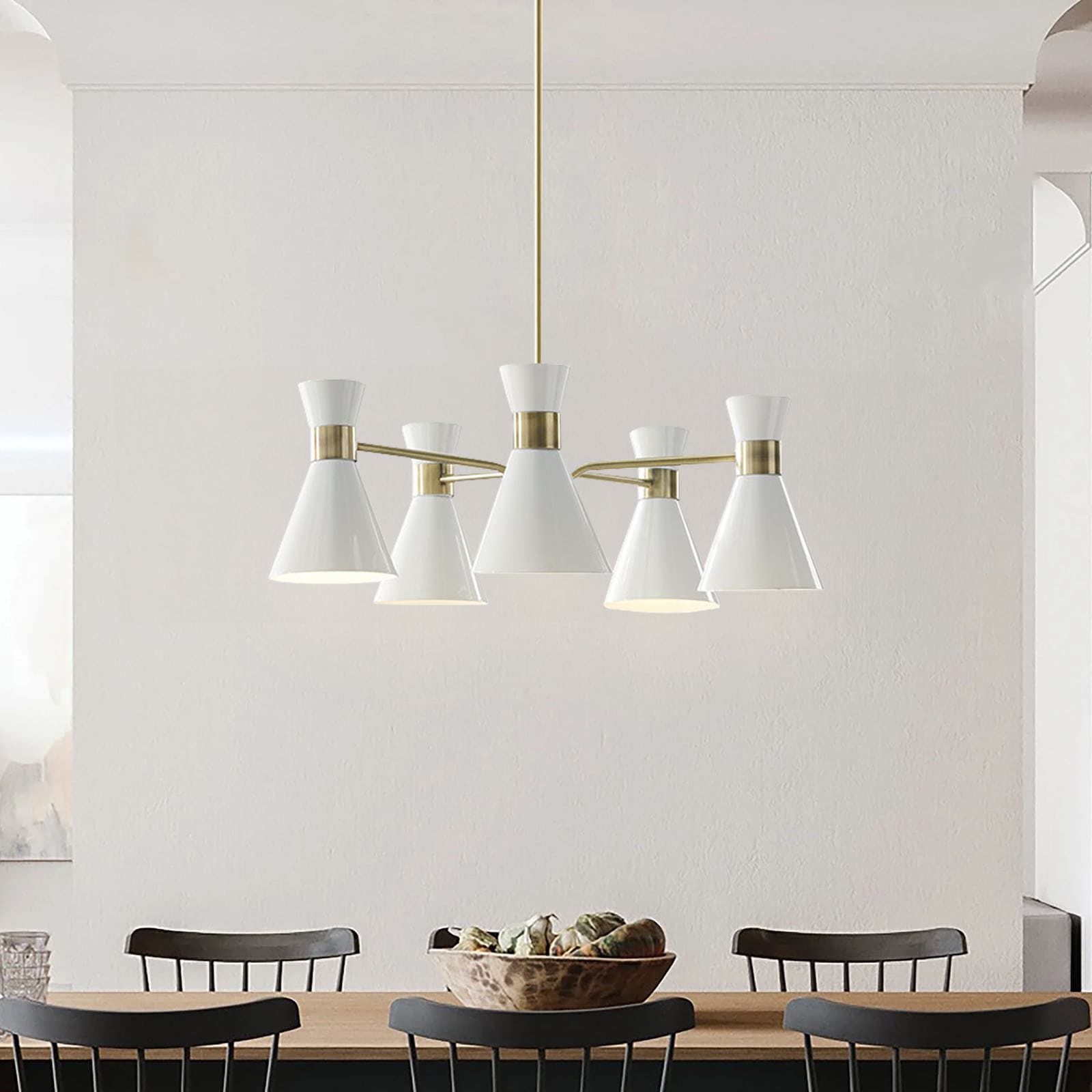 Ezra Mid-Century 5-Light Chandelier in Antique Brass with White Shades