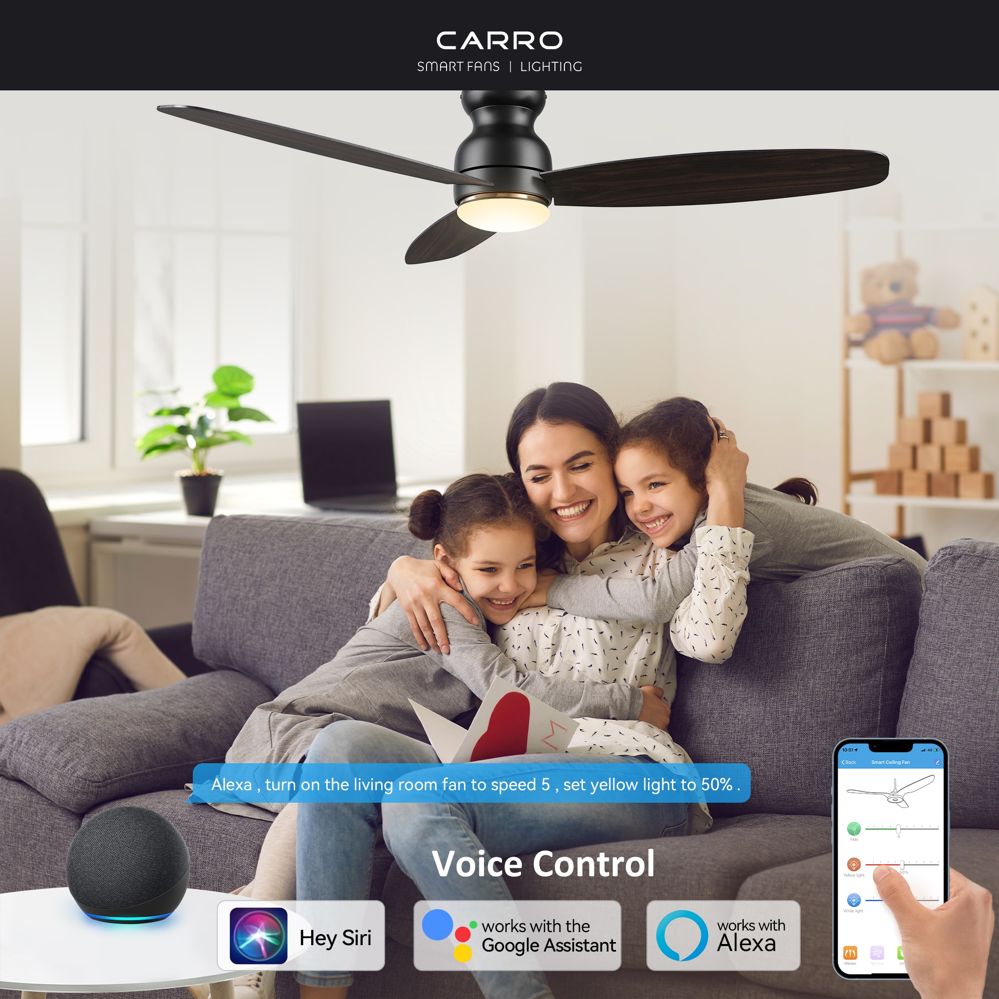 CARRO USA Trendsetter 60-in Black with Dark Walnut Blades Indoor/Outdoor Flush Mount Smart Ceiling Fan with Light and Remote (3-Blade) LS603Q-L12-B5-1 Sansujyuku sansujyuku.com