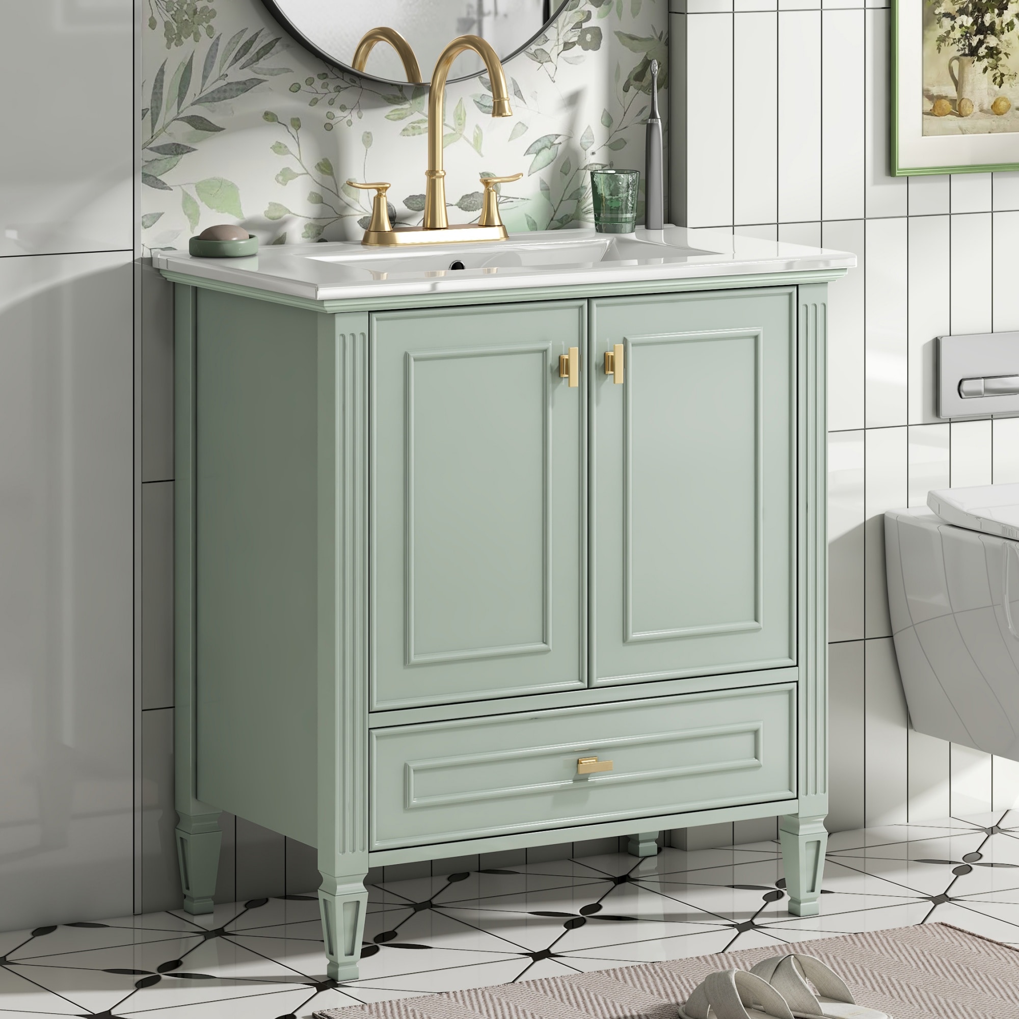 GLANZEND  18.3-in D x 30-in W x 33.7-in H Bathroom Vanity Ceramic MDF Rubber Wood Green Ceramic Sink Undermount Sink Soft Close Doors Drawers Cabinet Storage