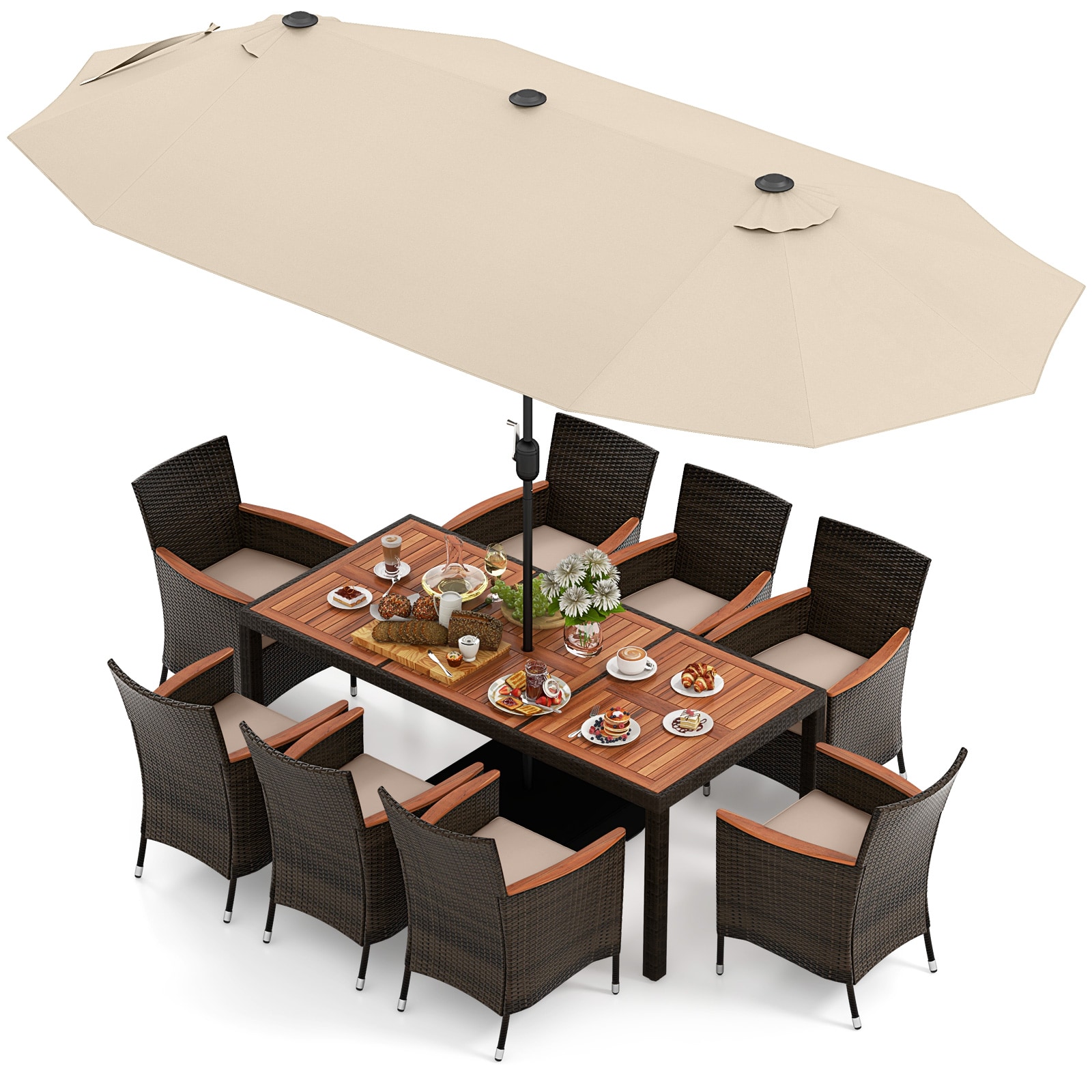  AA209525MS 11 -Piece Mix Brown Rattan Patio Dining Set Wood Rectangle Table with 8 Beige Cushions Stationary Chairs and Umbrella Included