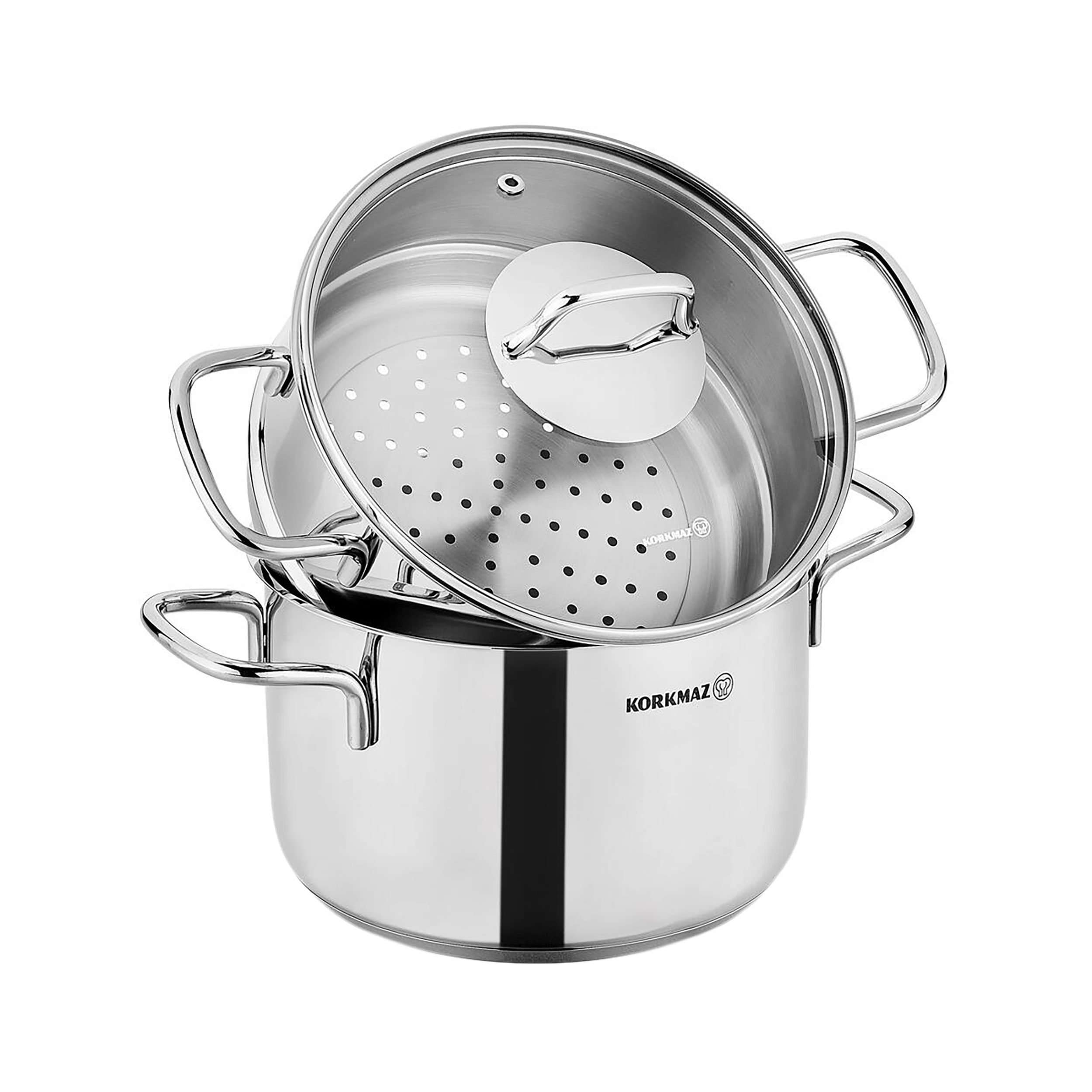 KORKMAZ  Perla 3 Piece 6.9 Liter Stainless Steel Casserole Steamer with Lid in Silver