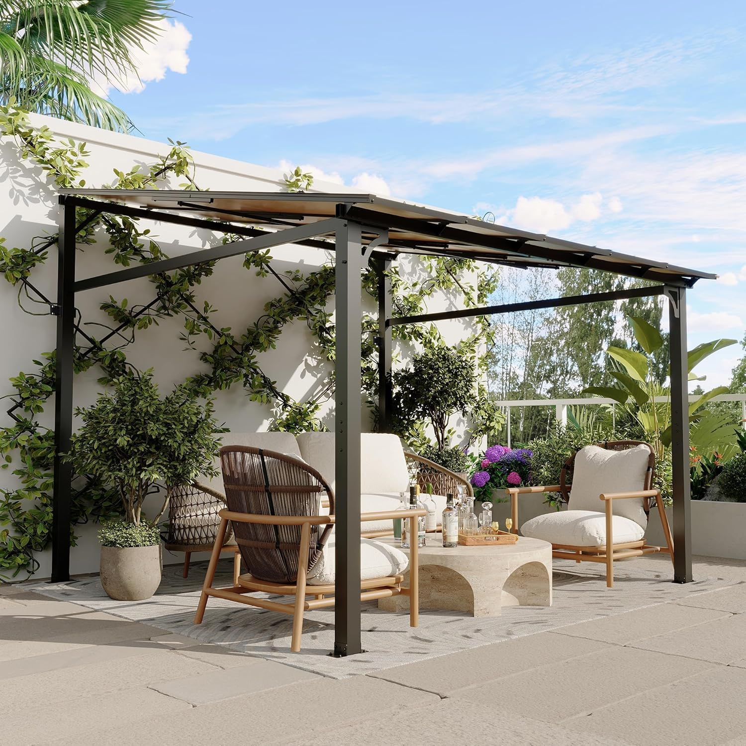 Qeetex GWVNN-00Y4FNDG 10-12FT Wall-Mounted Hardtop Gazebo 6mm UV-Resistant Polycarbonate Roof Reinforced Aluminum Lean-to Pergola for Patio Deck Backyard All-Weather Shelter