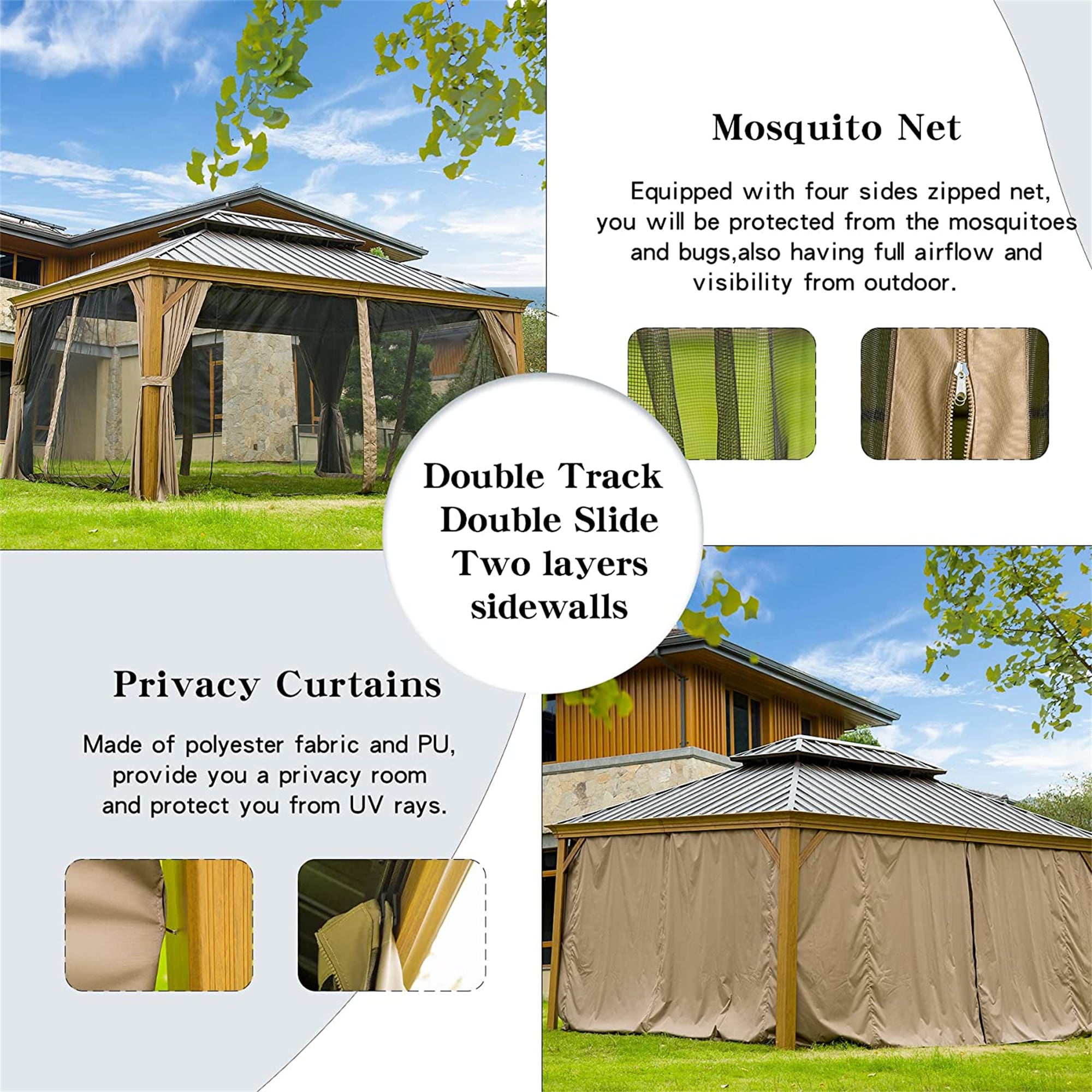14' x 12' Brown Aluminum Patio Gazebo with Black Roof