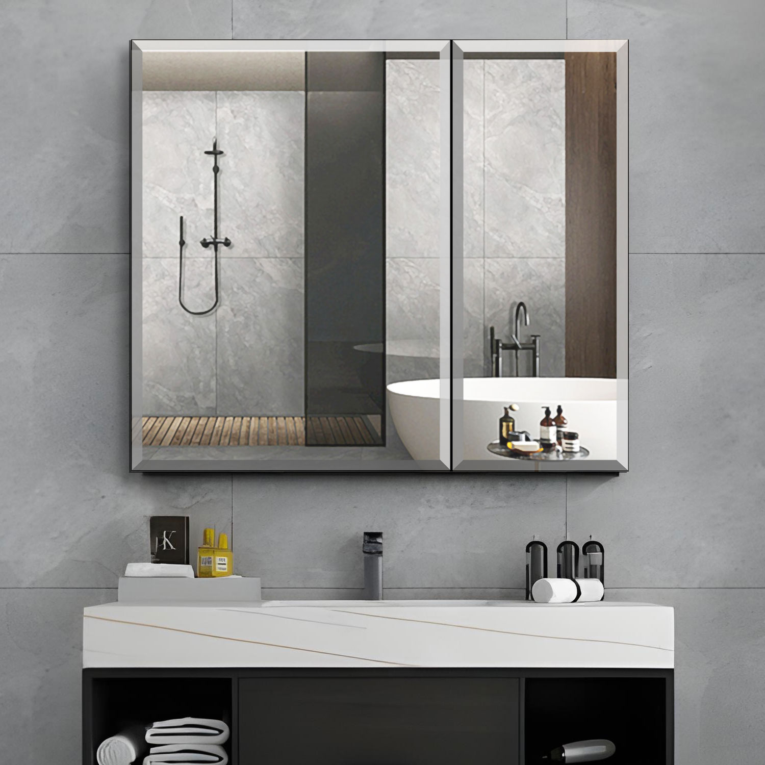 Forclover TAK-MED3026SA KF 30-Inches x 26-Inches Surface/Recessed Mount Satin Mirrored Rectangle Soft Close Medicine Cabinet