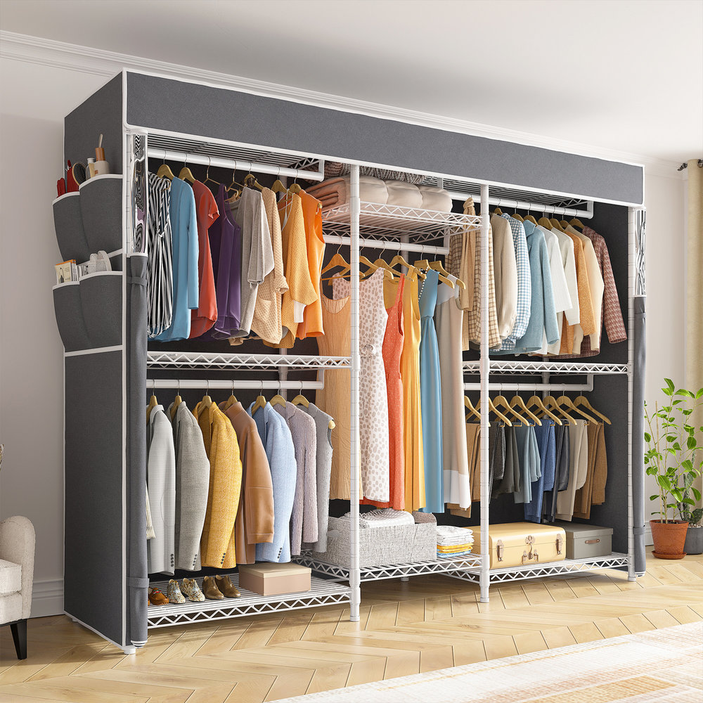 Raybee Wardrobe Closet With Cover 75 Inches Width Clothes Rack Adjustable Garment Rack With 5 Hanging Rods For Bedroom Cloakroom Load 905LBS White