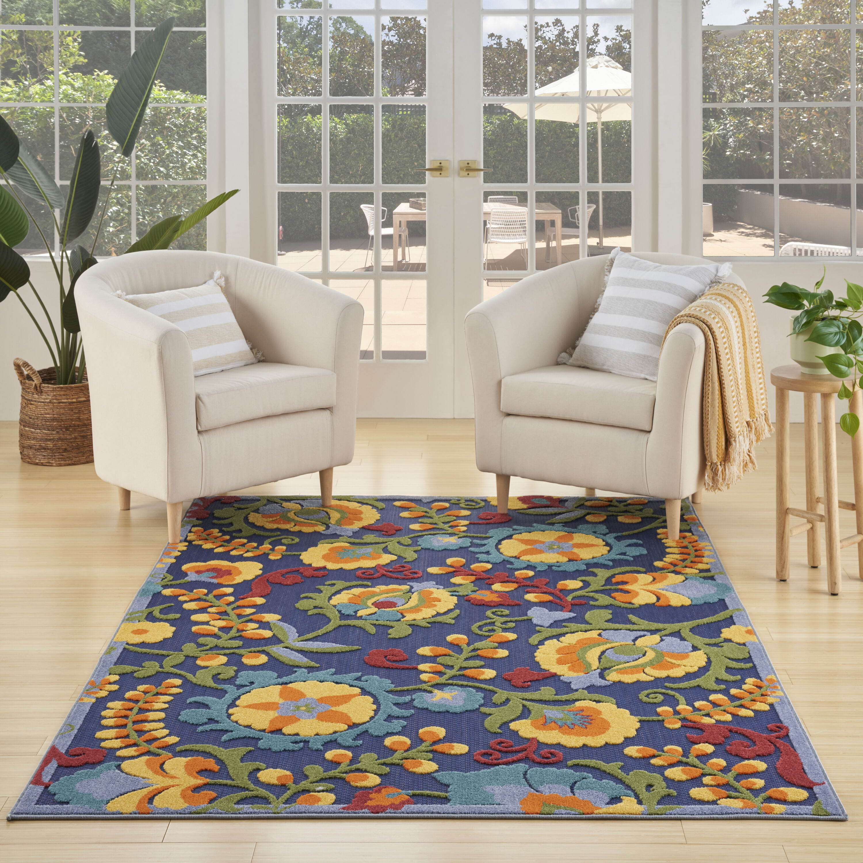 Nourison 099446921321 Aloha 6 x 9 (ft) Loomed Polypropylene Navy Multicolor Rectangular Indoor/Outdoor Floral/Botanical Area rug