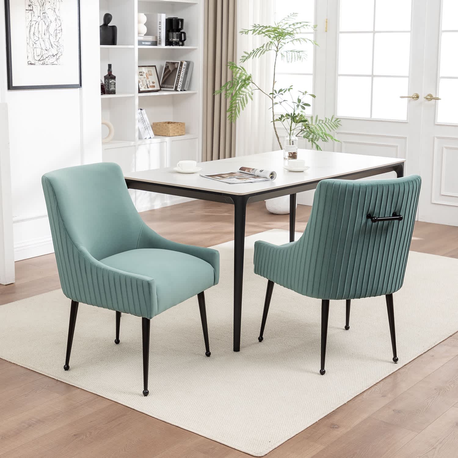 SEYNAR XY784-GREEN-S2 Modern Glam Velvet Black Metal Legs Dining Chair or Vanity Chair Set of 2 with Rear Handle