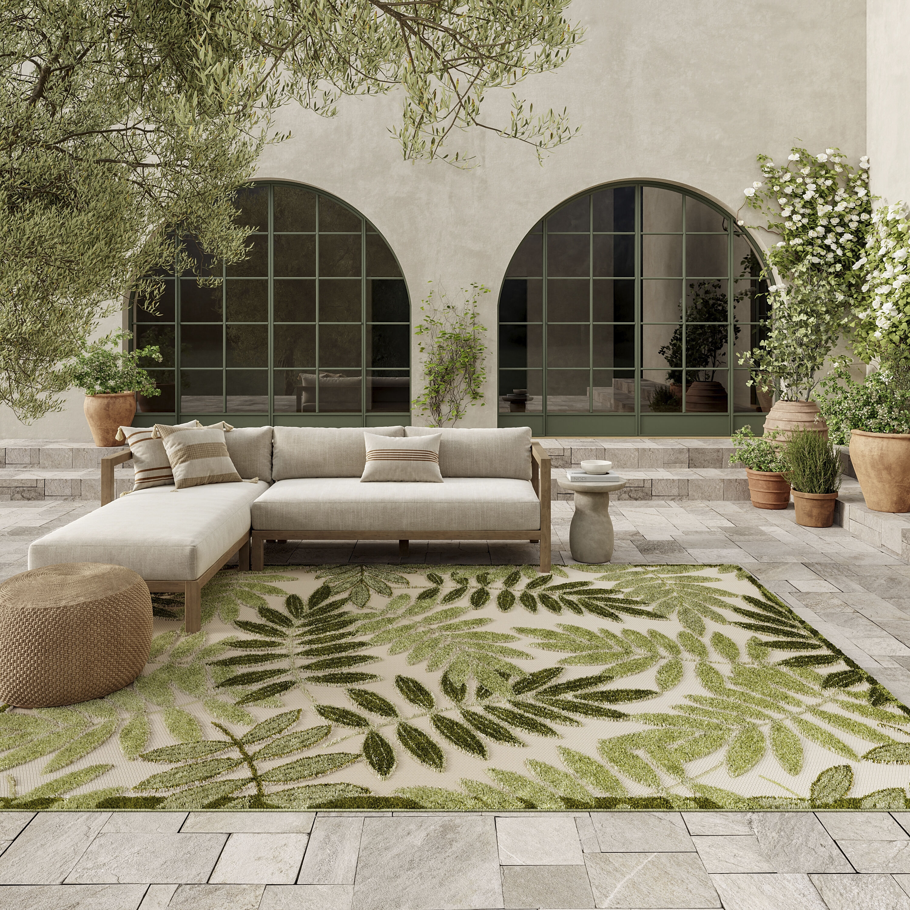 Nourison Home 099446953339 10 x 14 (ft) Loomed Polypropylene Ivory Green Rectangular Indoor/Outdoor Floral/Botanical Tropical Area rug