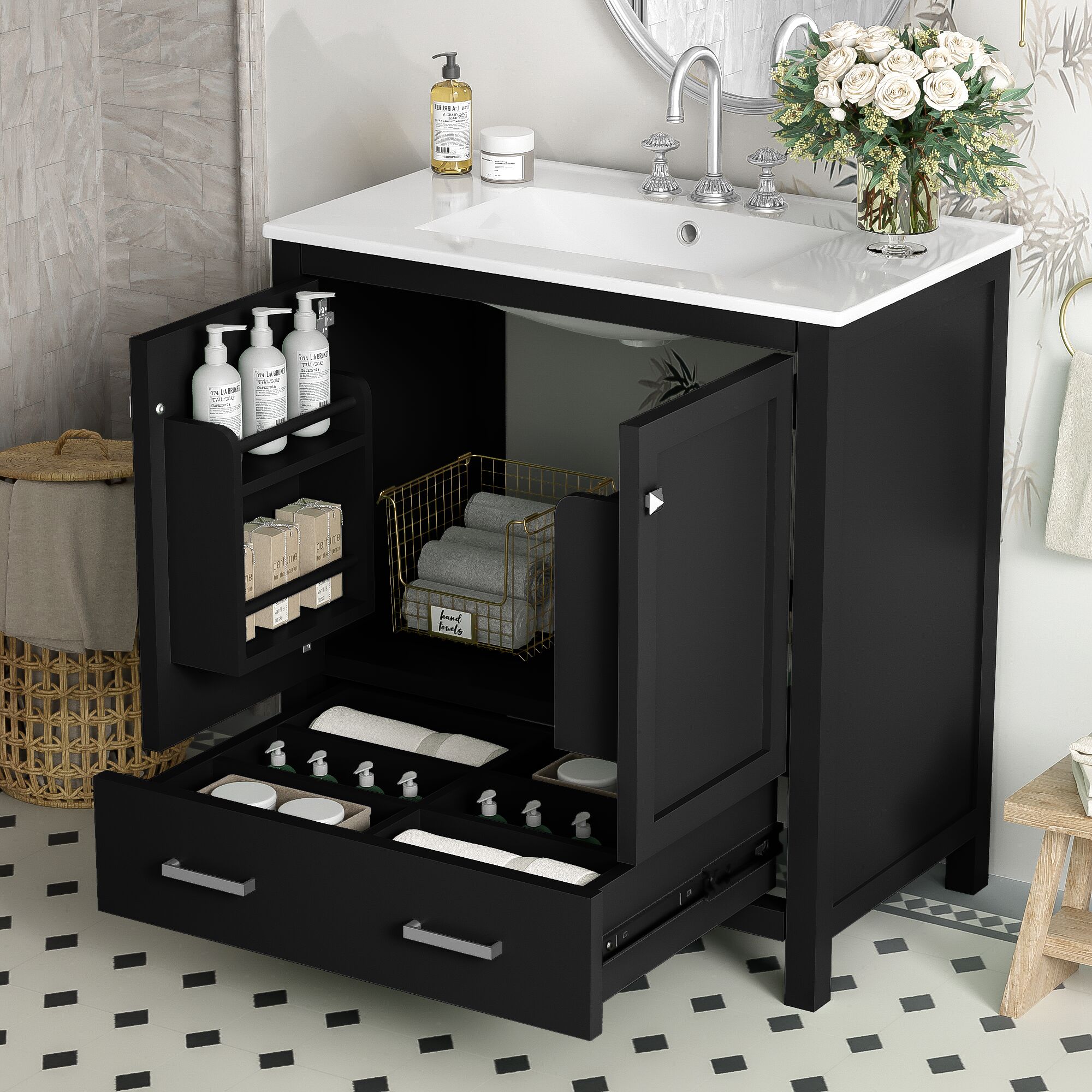GDFStudio 321527 Ethan Solid Frame and MDF Board Bathroom Vanity Combo with Single Sink 30 Inch 2 Doors Drawer Black