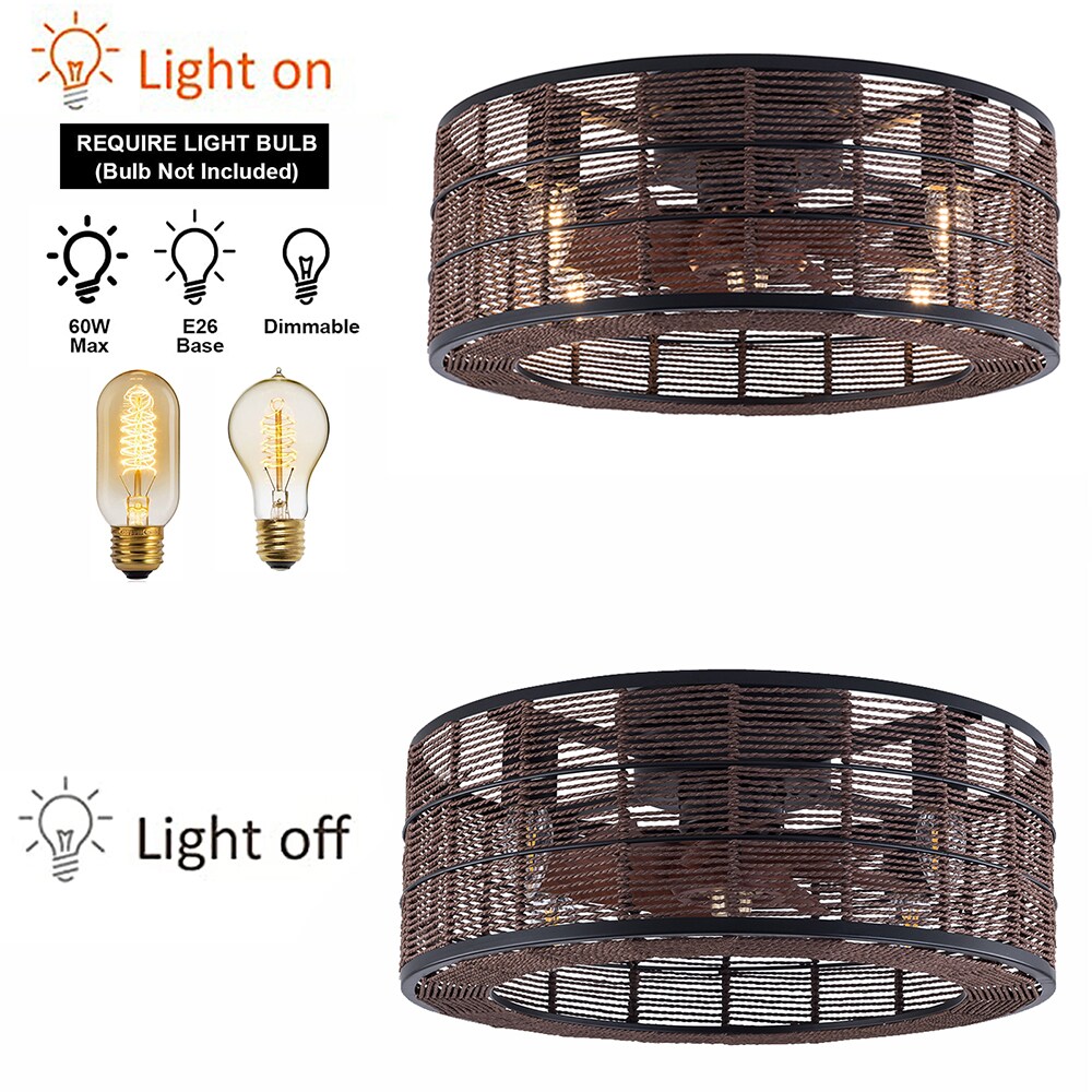 Oukaning 18-in 4-light Farmhouse Caged Hemp Rope Black Lampshade 