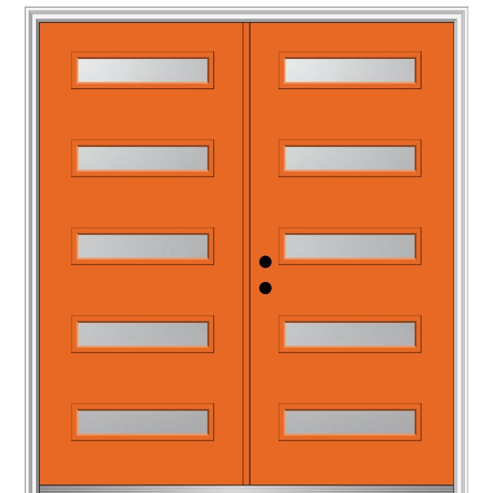 MMI DOOR ZZ350461R Spotlights 72-in x 80-in x 6-9/16-in Fiberglass Pulse lite Right-hand inswing Tangerine Painted Prehung Double Front Door with Brickmould Insulating core