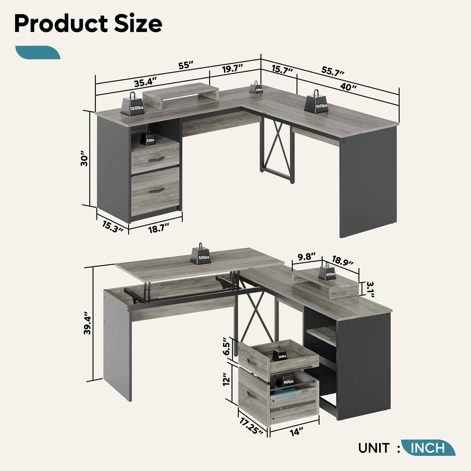 Bestier LOW-H100914E-GRYW desks - View #3