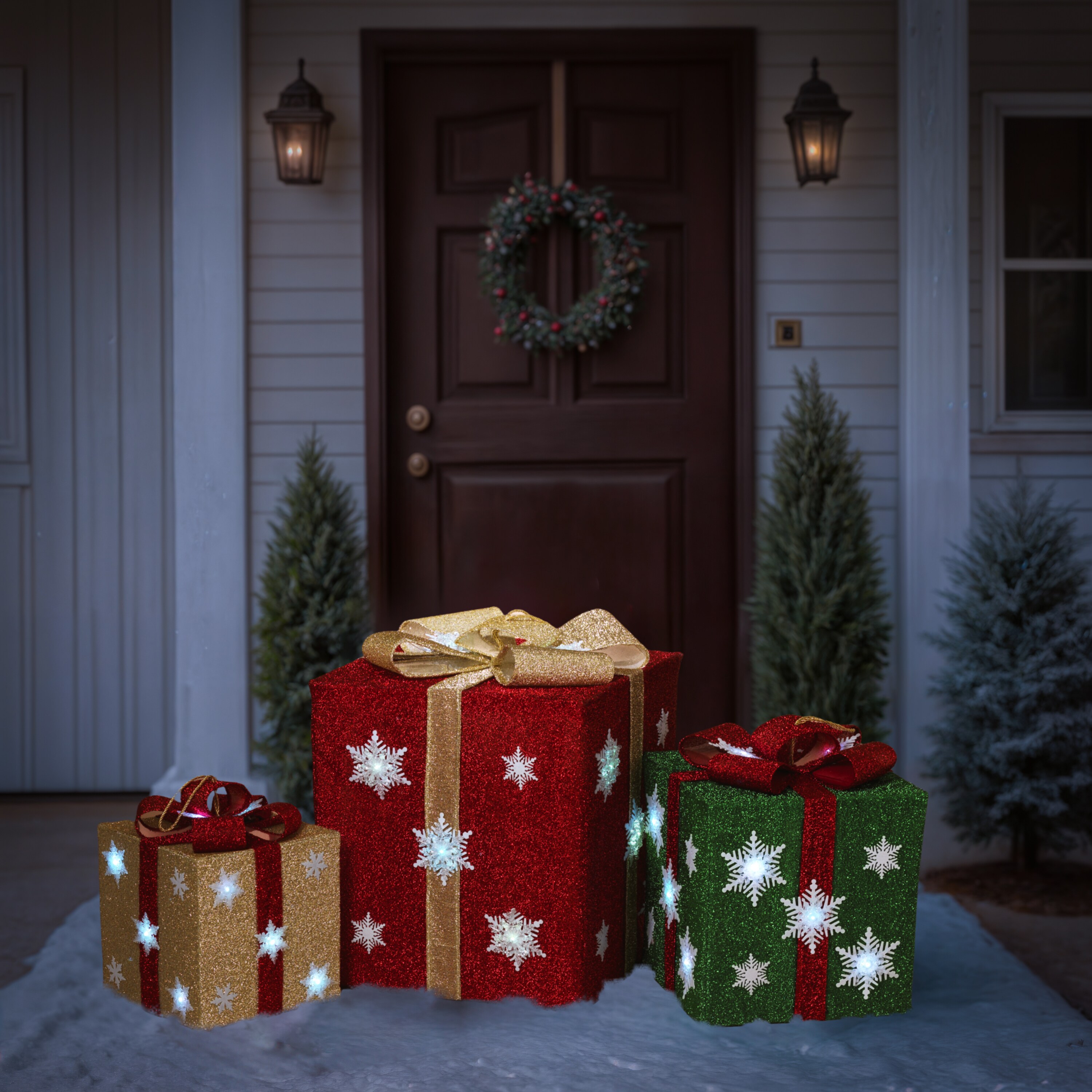 Gerson International 2742910EC 28-in Lighted Gift Box Free Standing Decoration