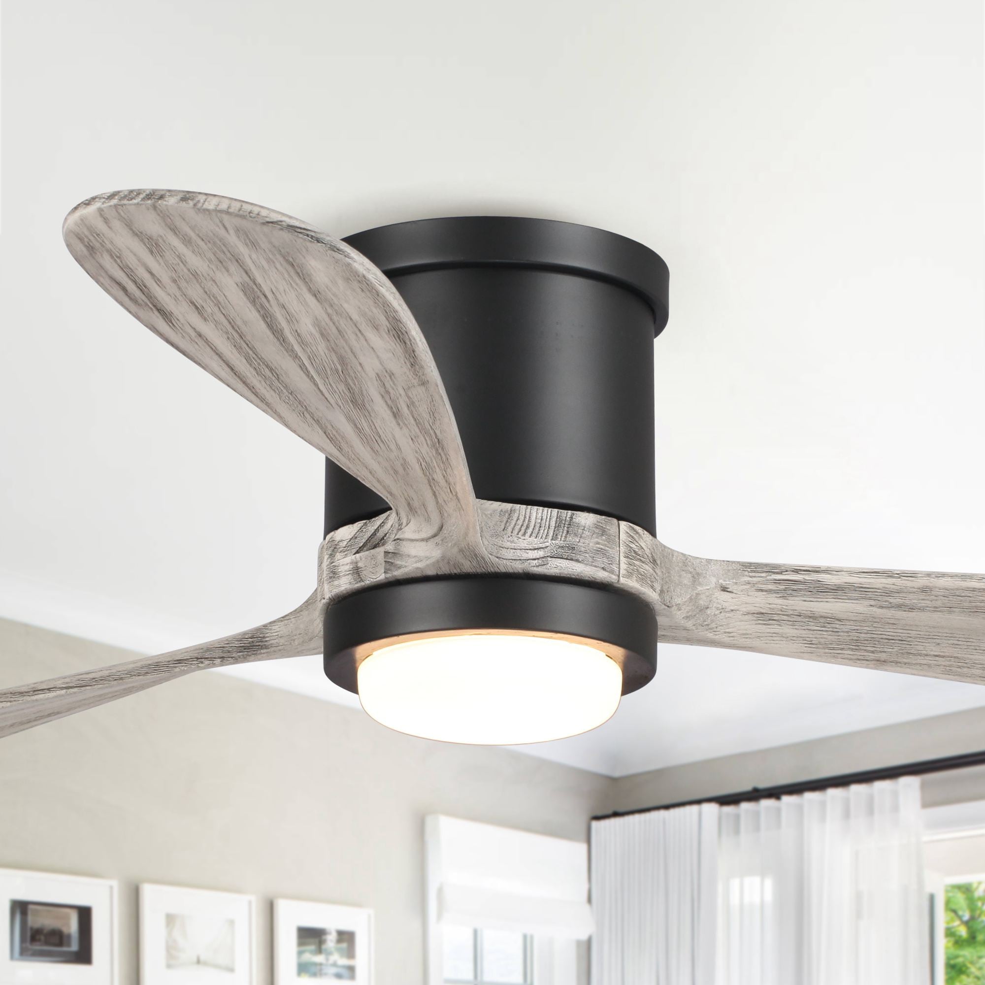 Parrot Uncle F6299BK110V 52-in Integrated LED Flush Mount Matte Black with Light Gray Blades Ceiling Fan With Light - Remote Included ( 3 -Blade )