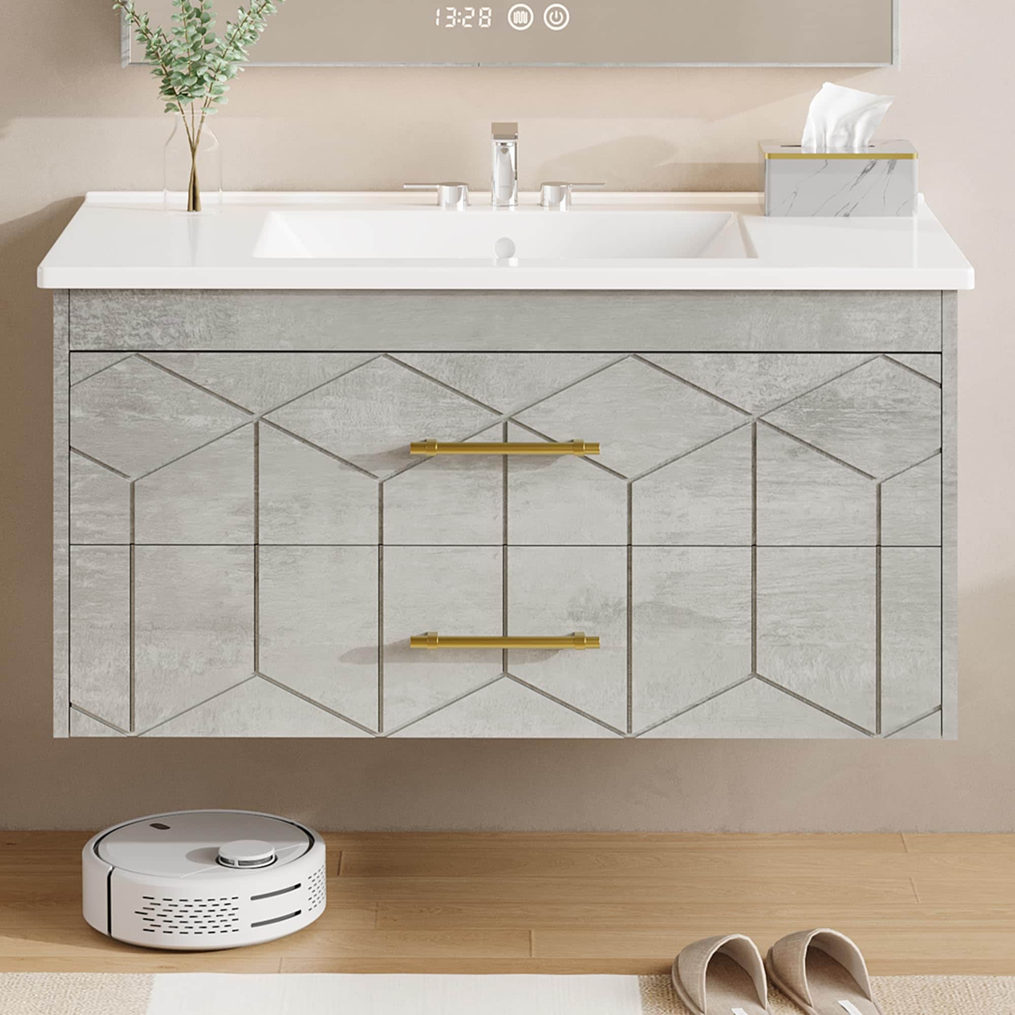 IdealHouse 36 inch Bathroom Vanity with Sink Combo Modern Floating Bathroom Vanity with Ceramic Basin 2 Large Drawers with Gold Handle Soft-Close Design Easy Assembly Gray