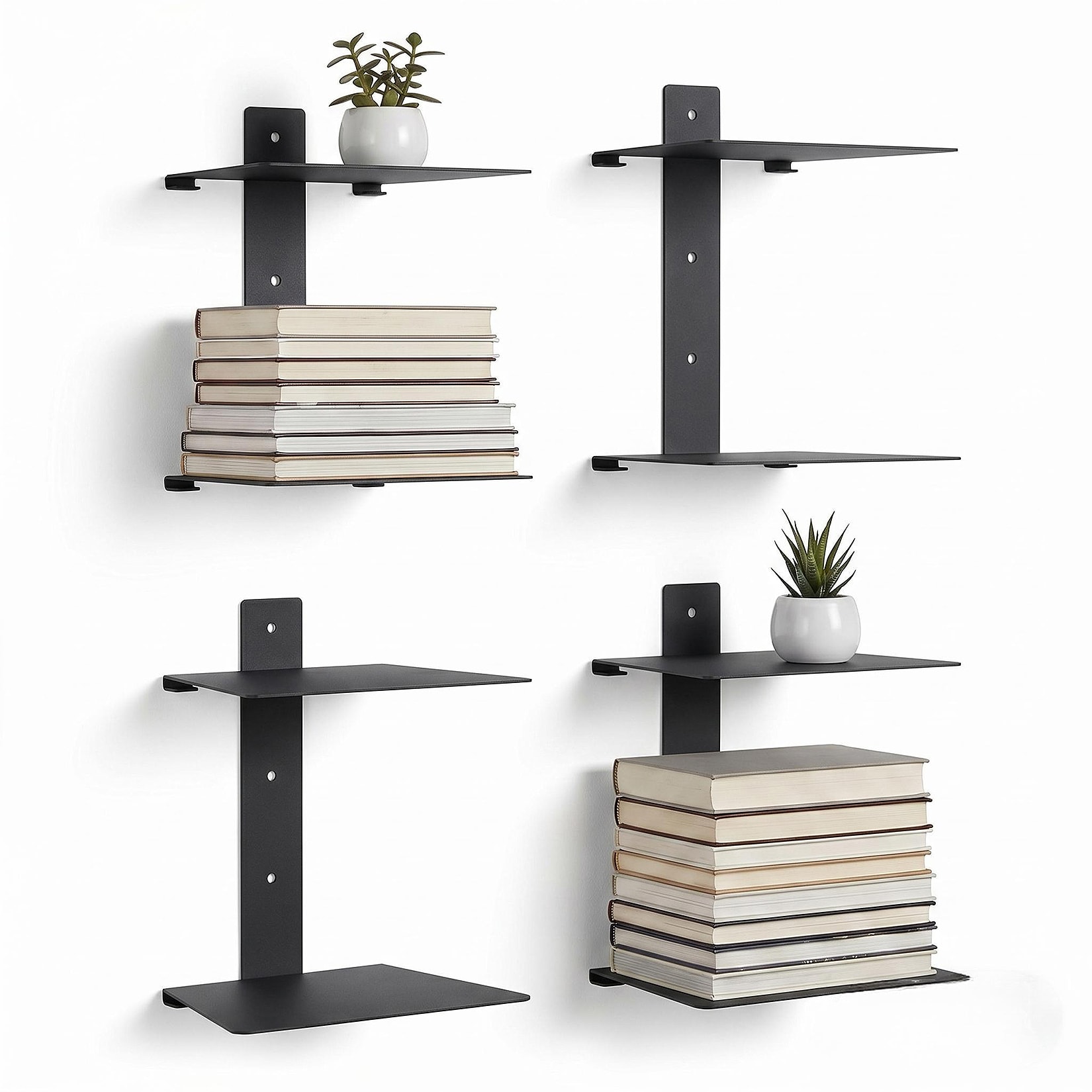 Aoile Black Metal Floating Wall Shelves 4 Pack Minimalist Two Tier Wall Mount Display Shelves For Bedroom Bathroom Living Room
