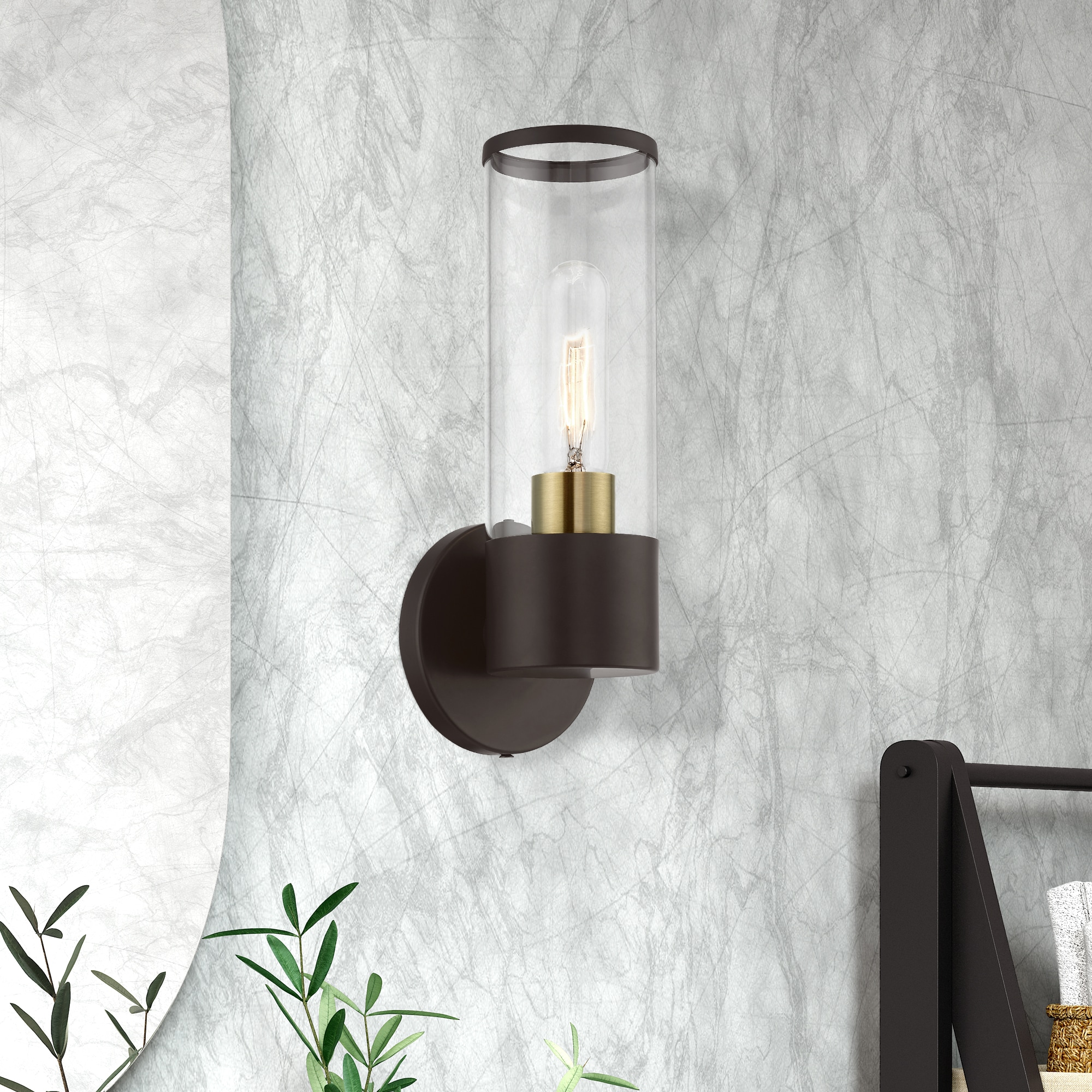 Antique Brass and Bronze Dimmable Wall Sconce with Clear Glass Shade