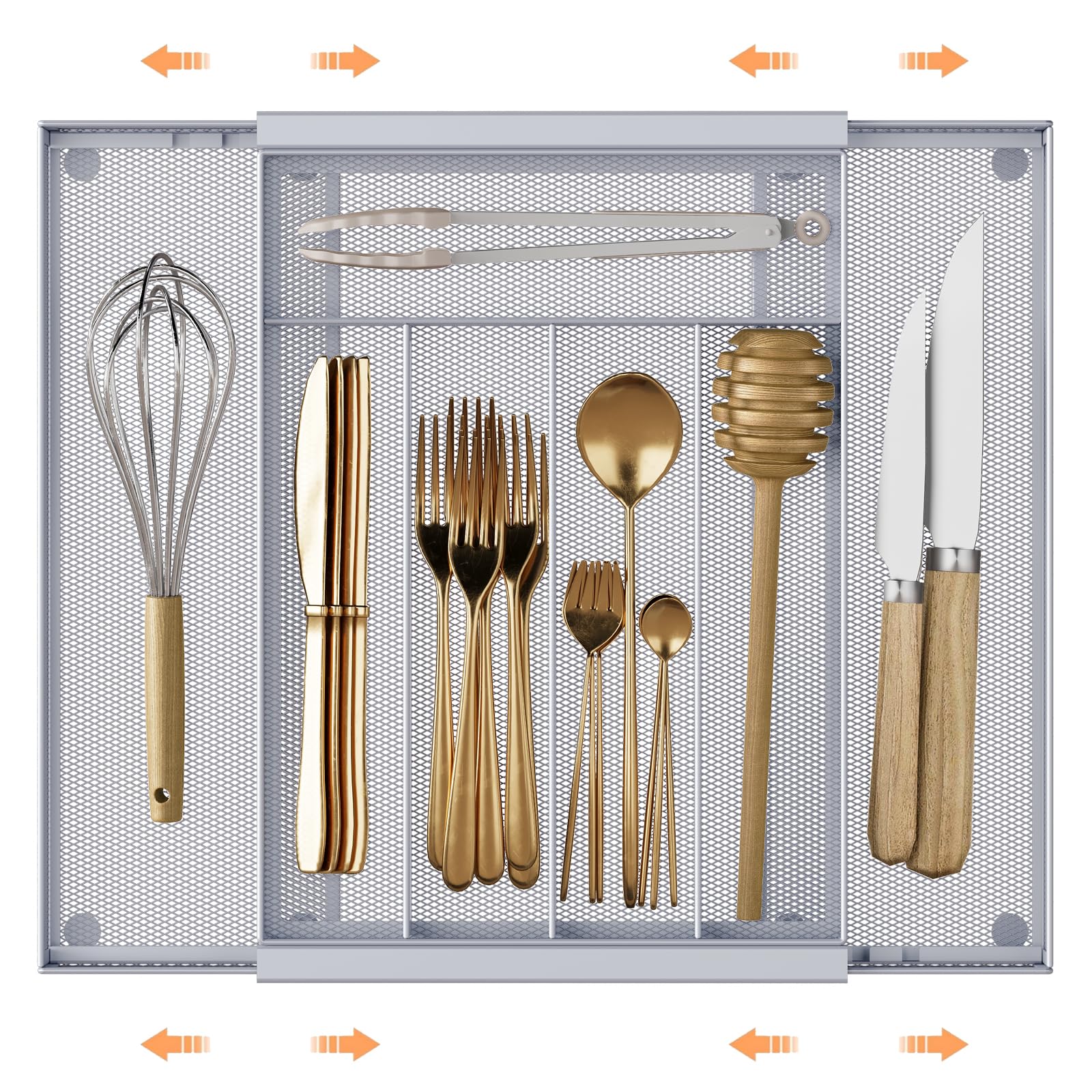 UUDULY  Silverware Organizer Metal Mesh Expandable Drawer Tray 7 Compartment Adjustable Fits 9 to 16 Inch Kitchen Flatware Utensil Storage Non