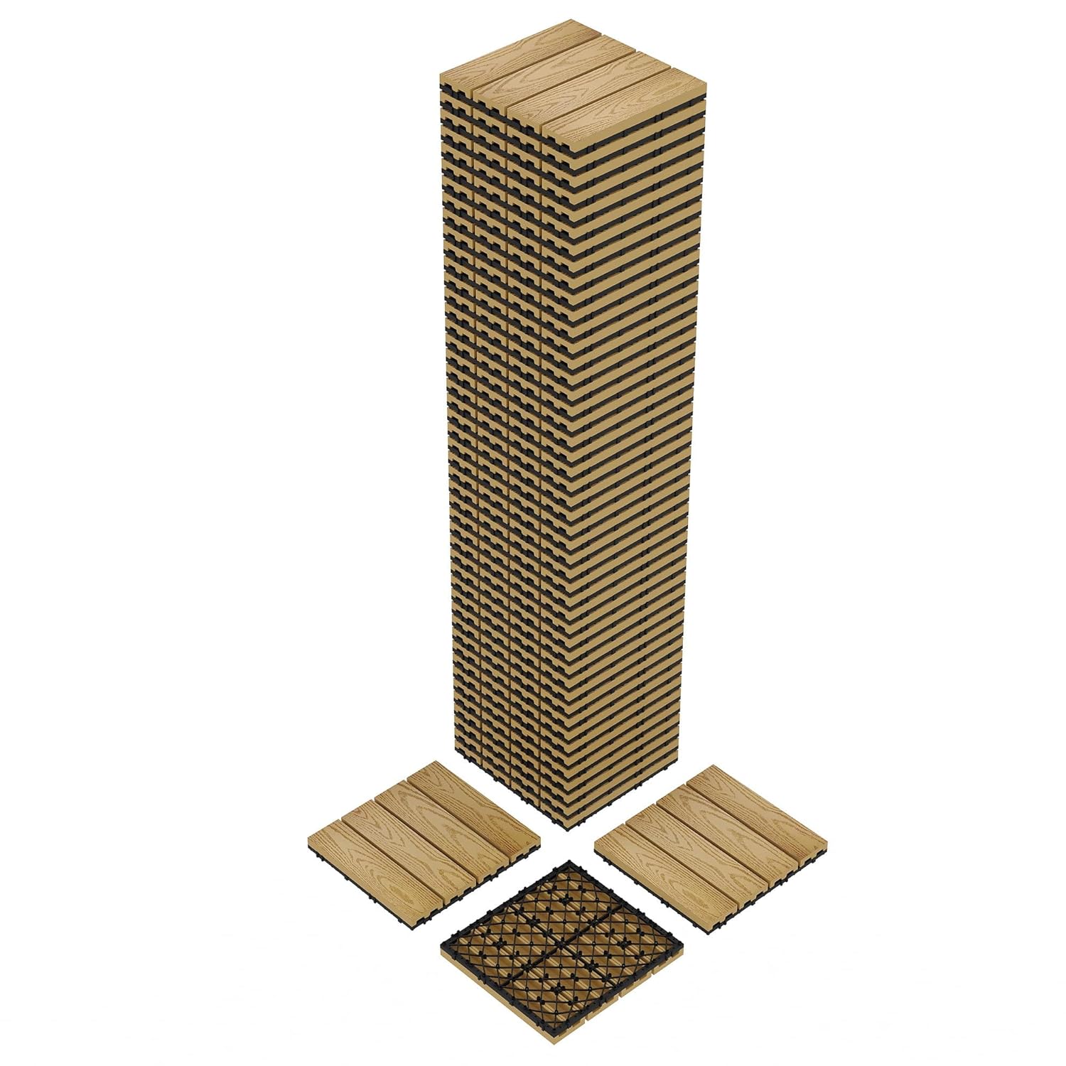 GAOMON 48 Pack 12Inx12In Interlocking Deck Tiles Composite Wood-Look Patio Flooring Waterproof Non-Slip for Balcony Poolside Teak