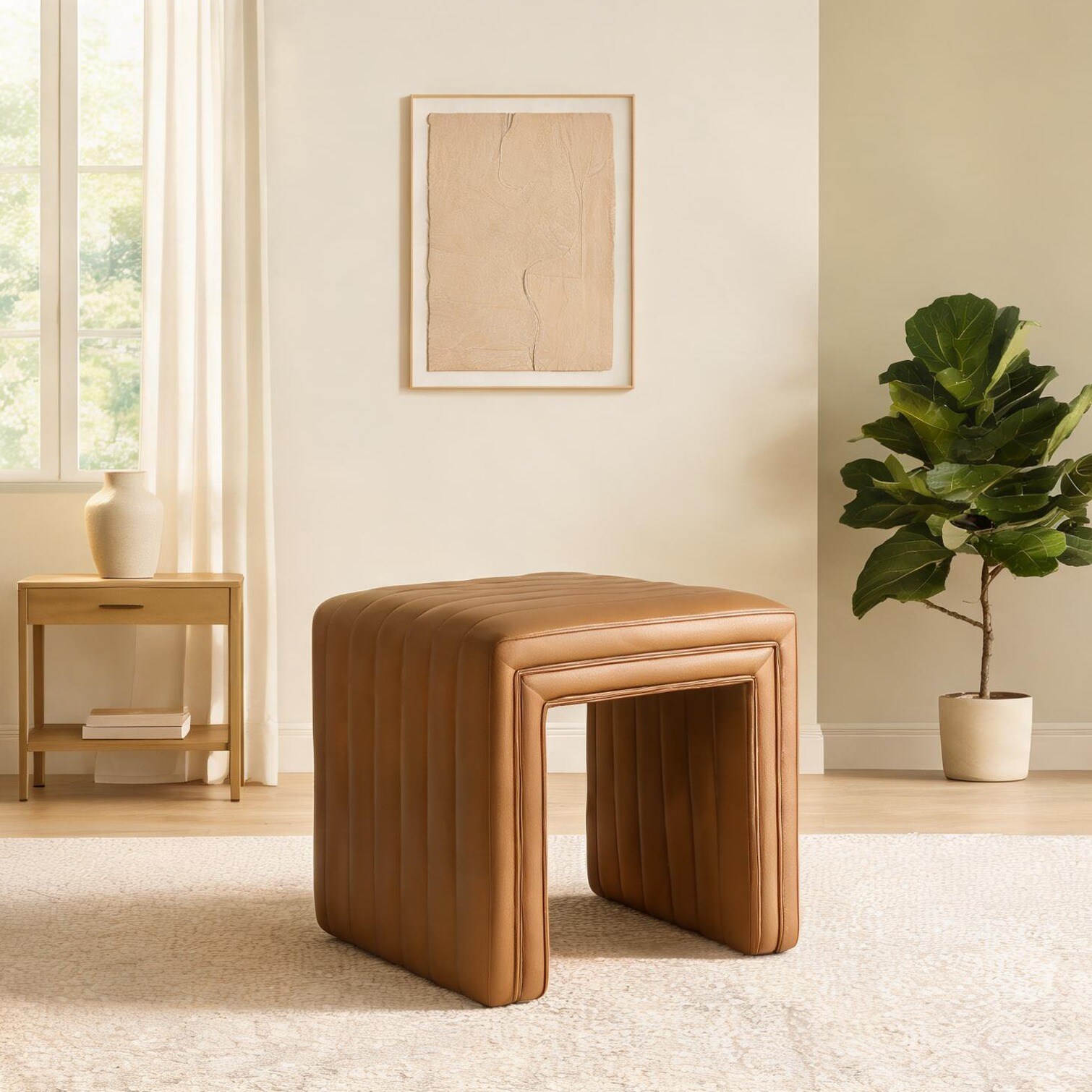 chillscreamni - Ottoman combining Caramel Faux Leather Channel-Tufted Square and Caramel Wood+Fab...