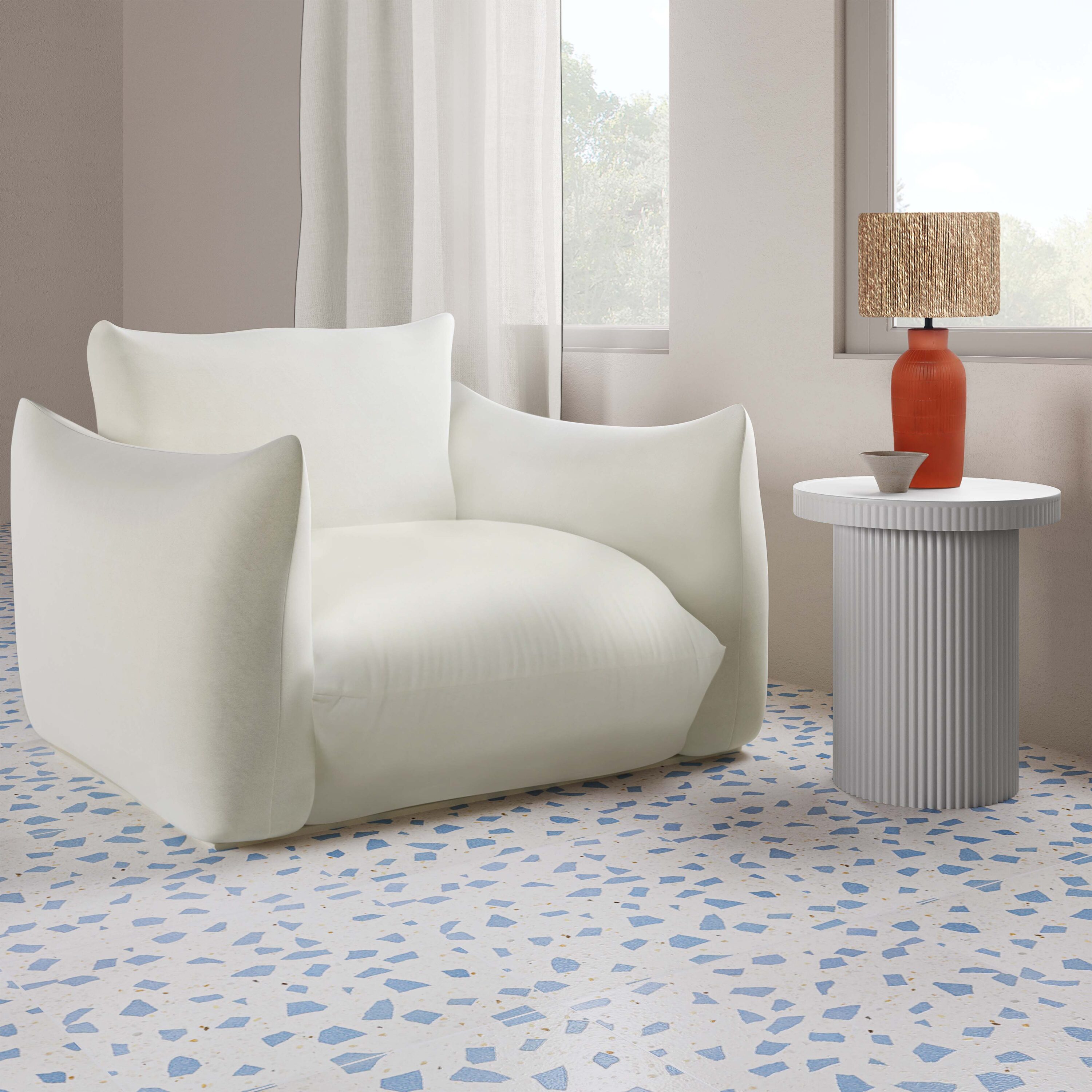 White Ribbed Concrete Round Side Table 17.8" x 19.8"