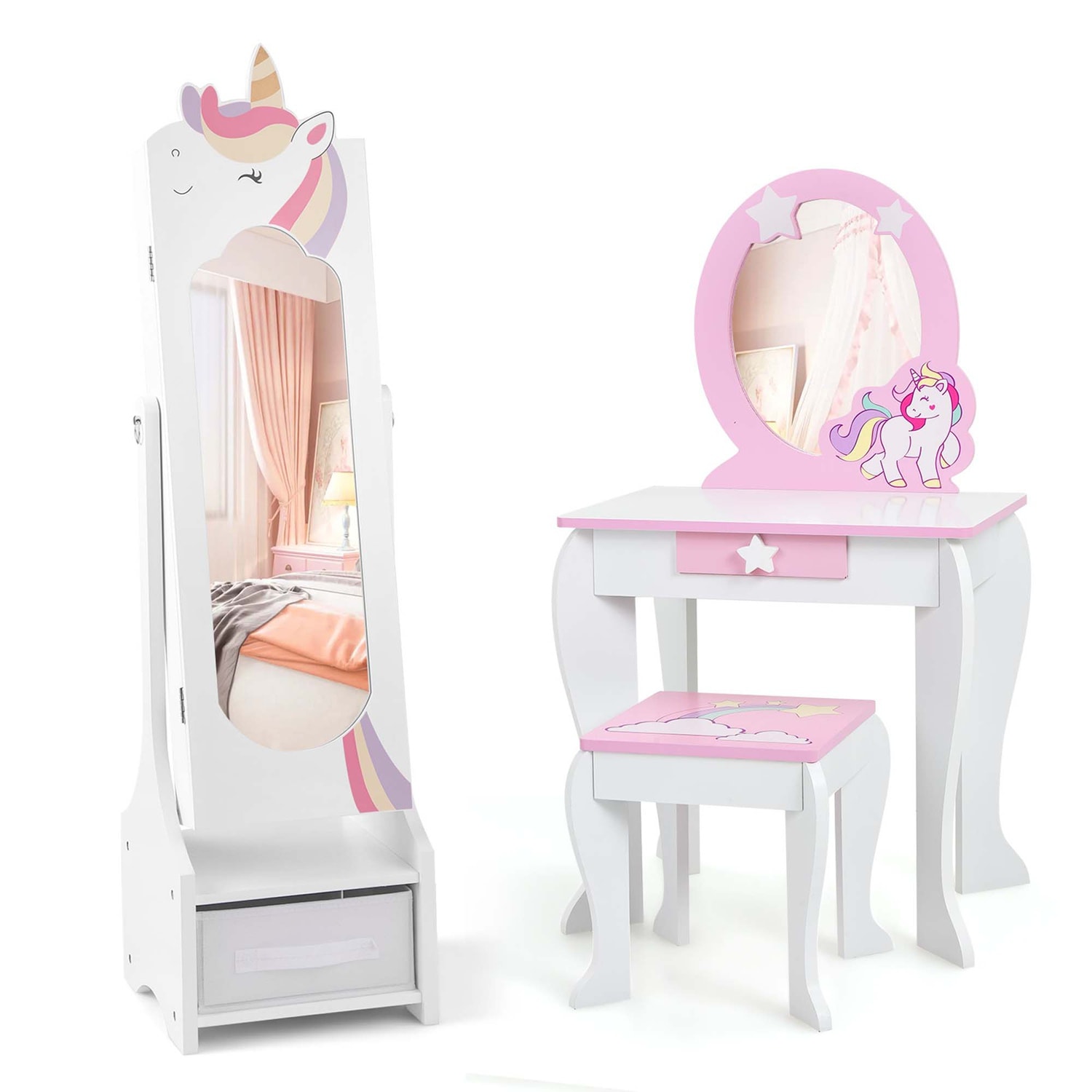 Costway HCST04219 Kids Vanity Set Princess Makeup Dressing Table and Chair Set with Kids Jewelry Armoire White