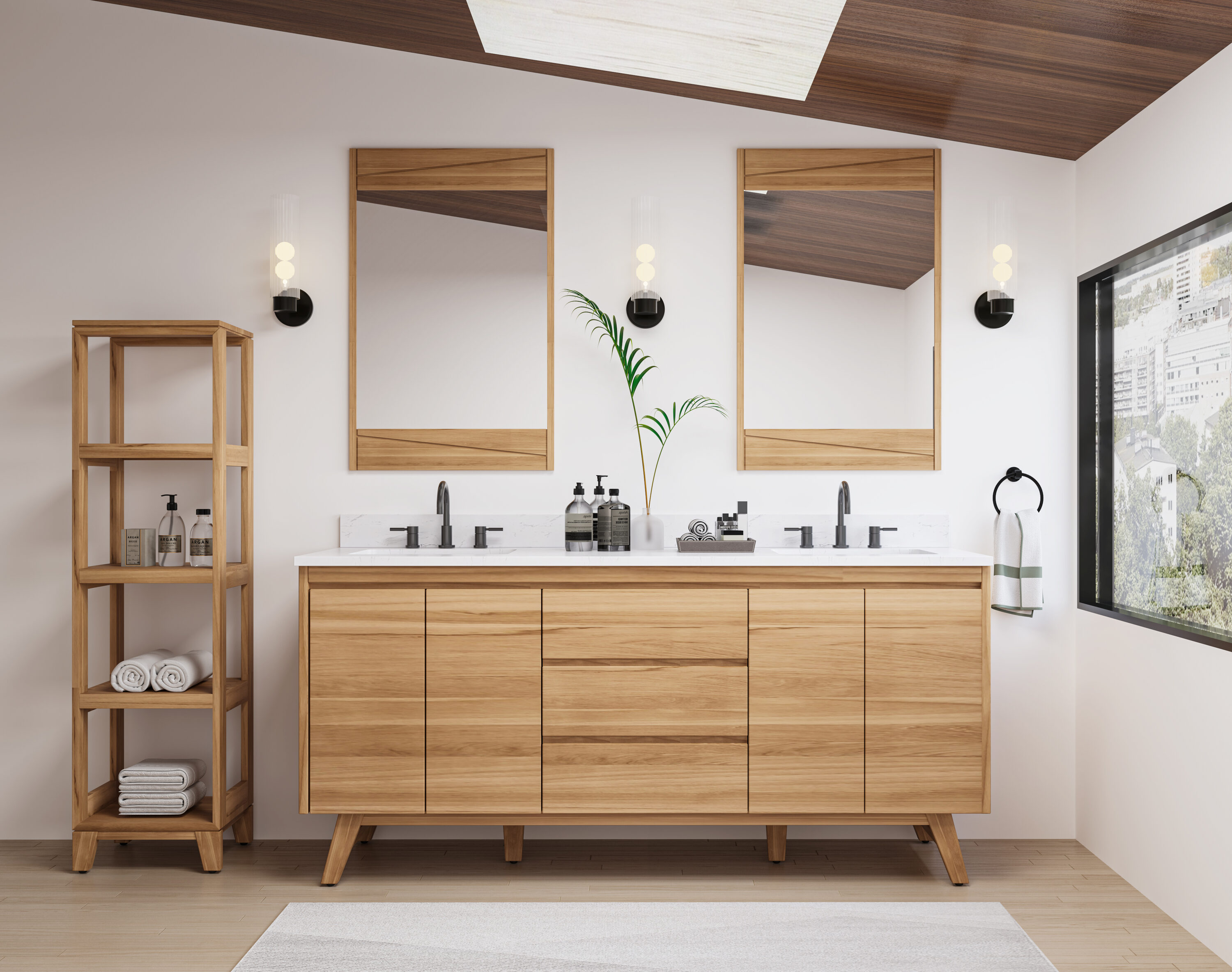 Coventry 73" Natural Teak Double Sink Vanity with White Stone Top