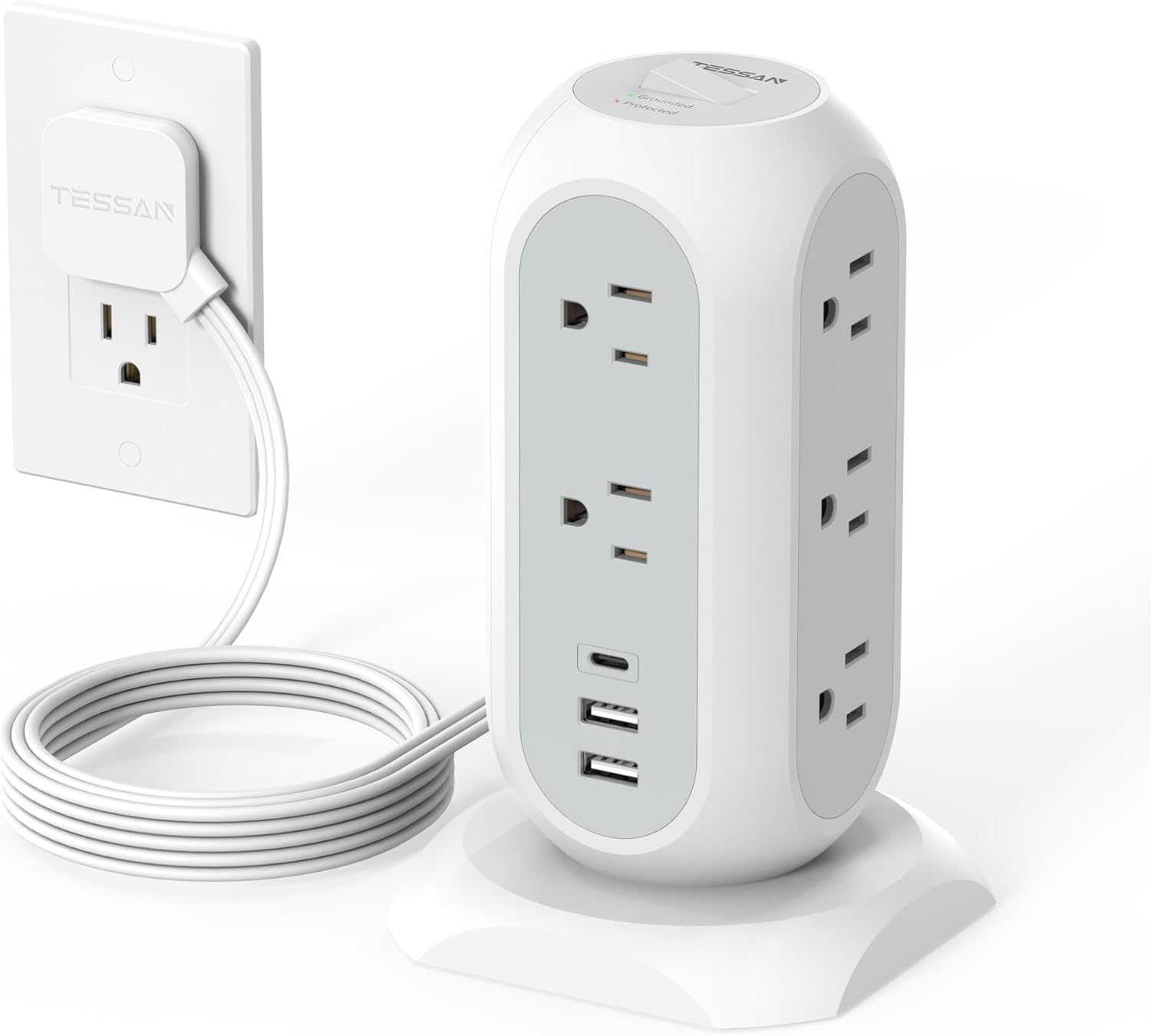 LENCENT Tower Power Strip with Surge Protection 11 Outlets 3 USB Ports 1 USB C Flat Plug Extension Cord 6 ft Multi Outlet Surge Protector for Home Office Desk Dorm