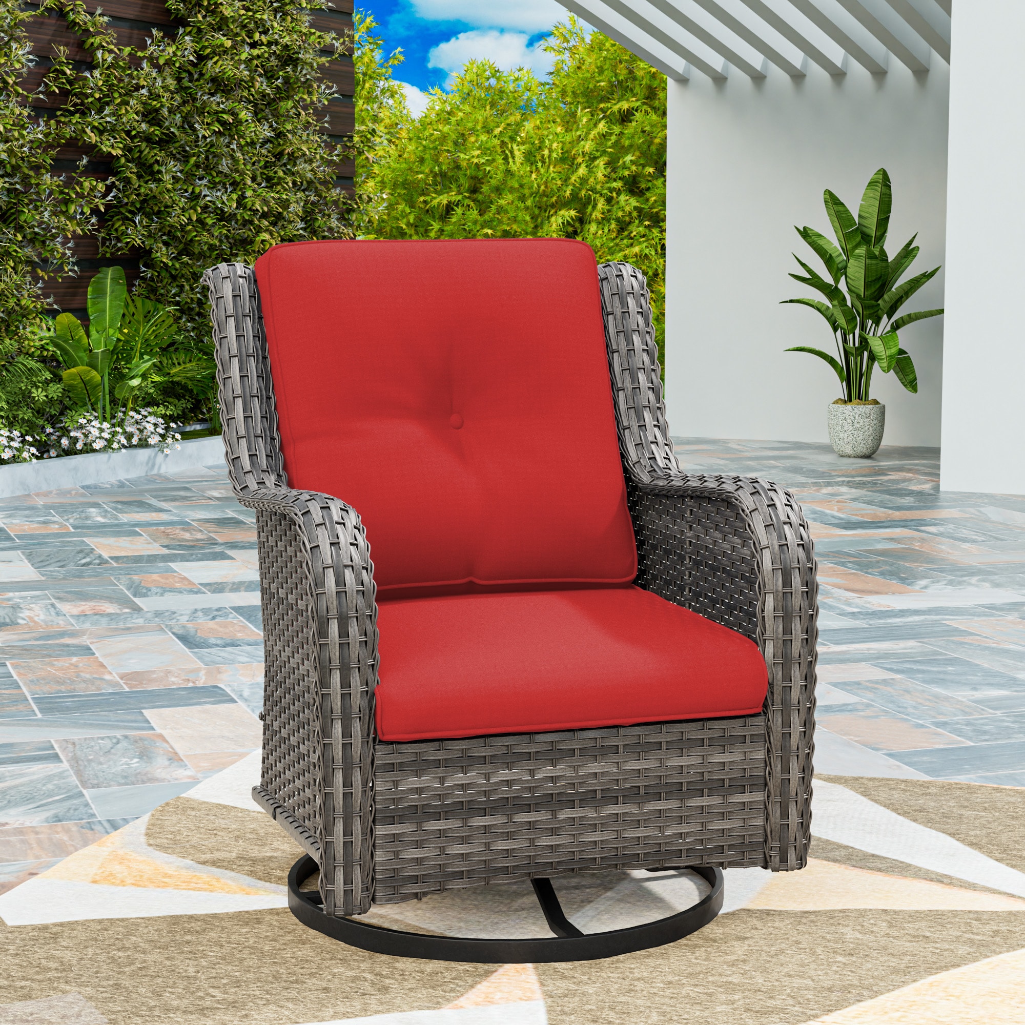 Gardenbee HGL-M81-RED Wicker Brown Steel Frame Swivel rocker Conversation Chair with Red Cushioned Seat