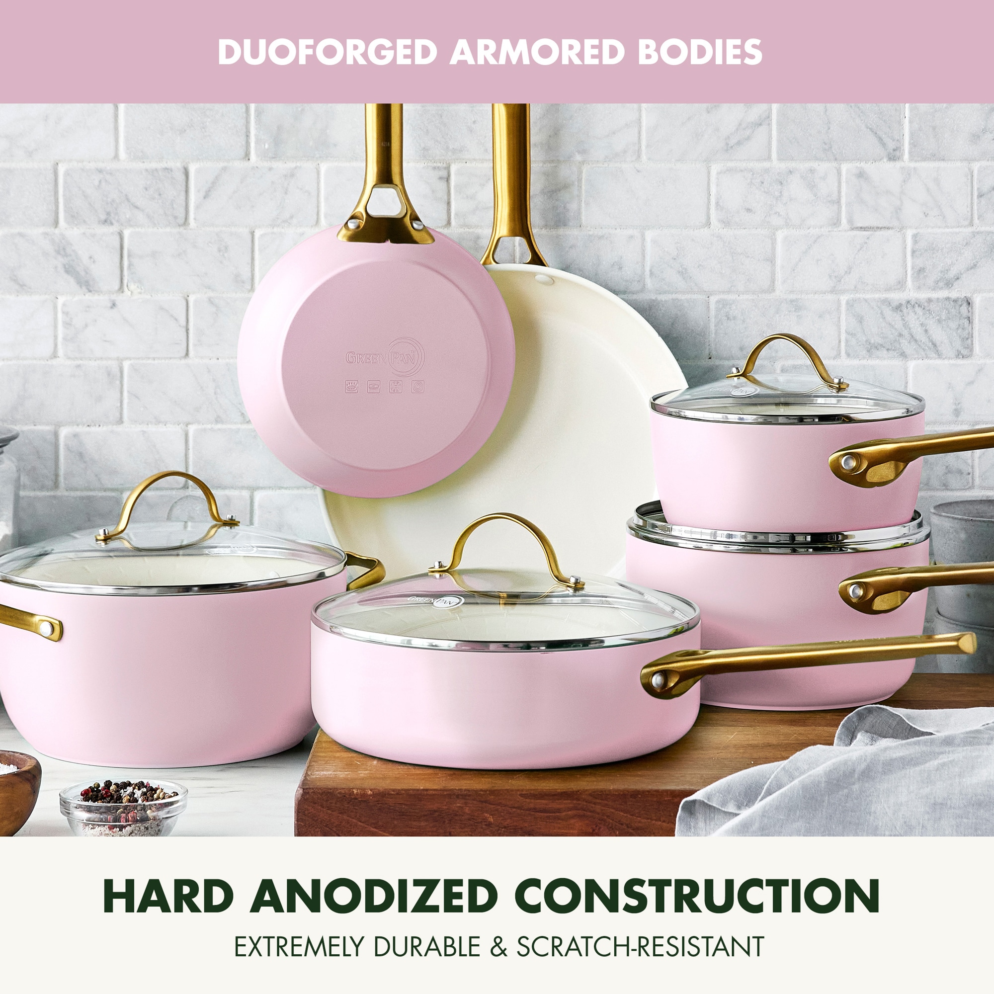 Blush Pink Ceramic Nonstick 10-Piece Cookware Set with Gold Handles