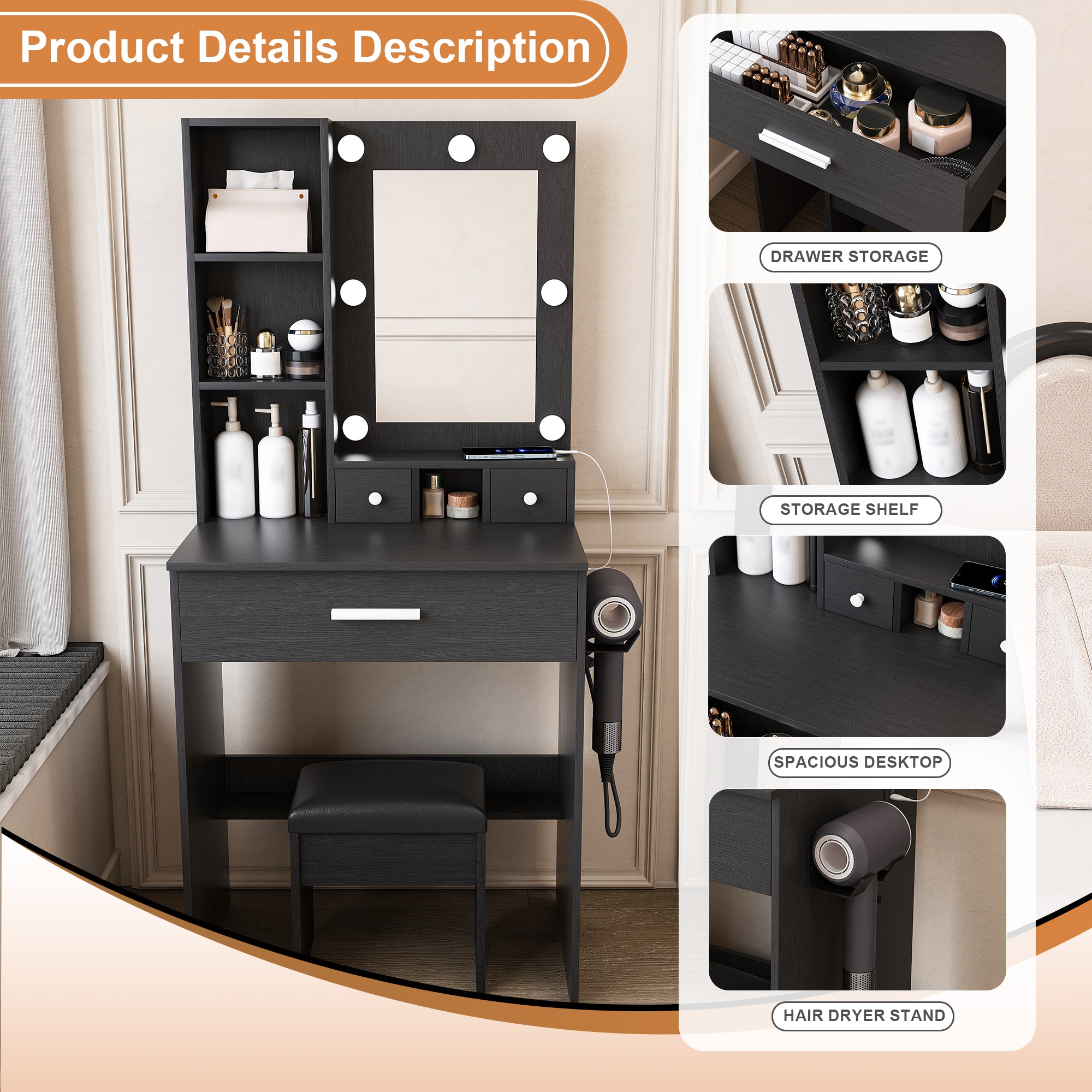 Homy Casa TRIE-BK Bedroom-Vanities - View #8