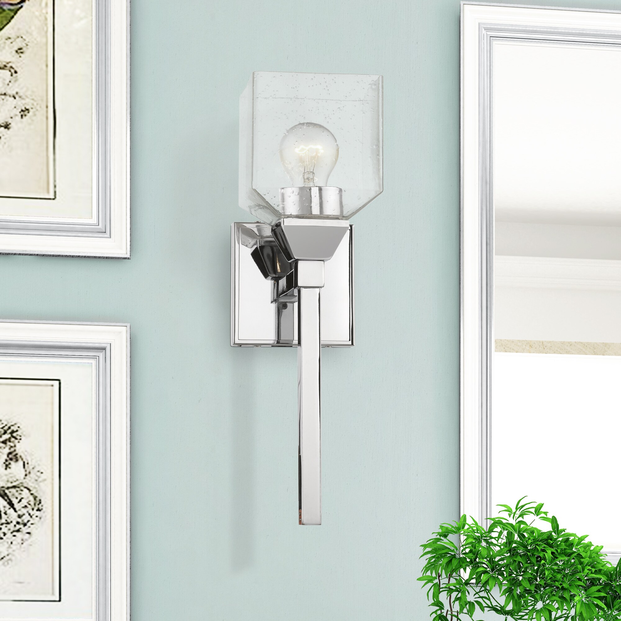 Polished Chrome Vanity Sconce with Clear Seeded Glass Shade