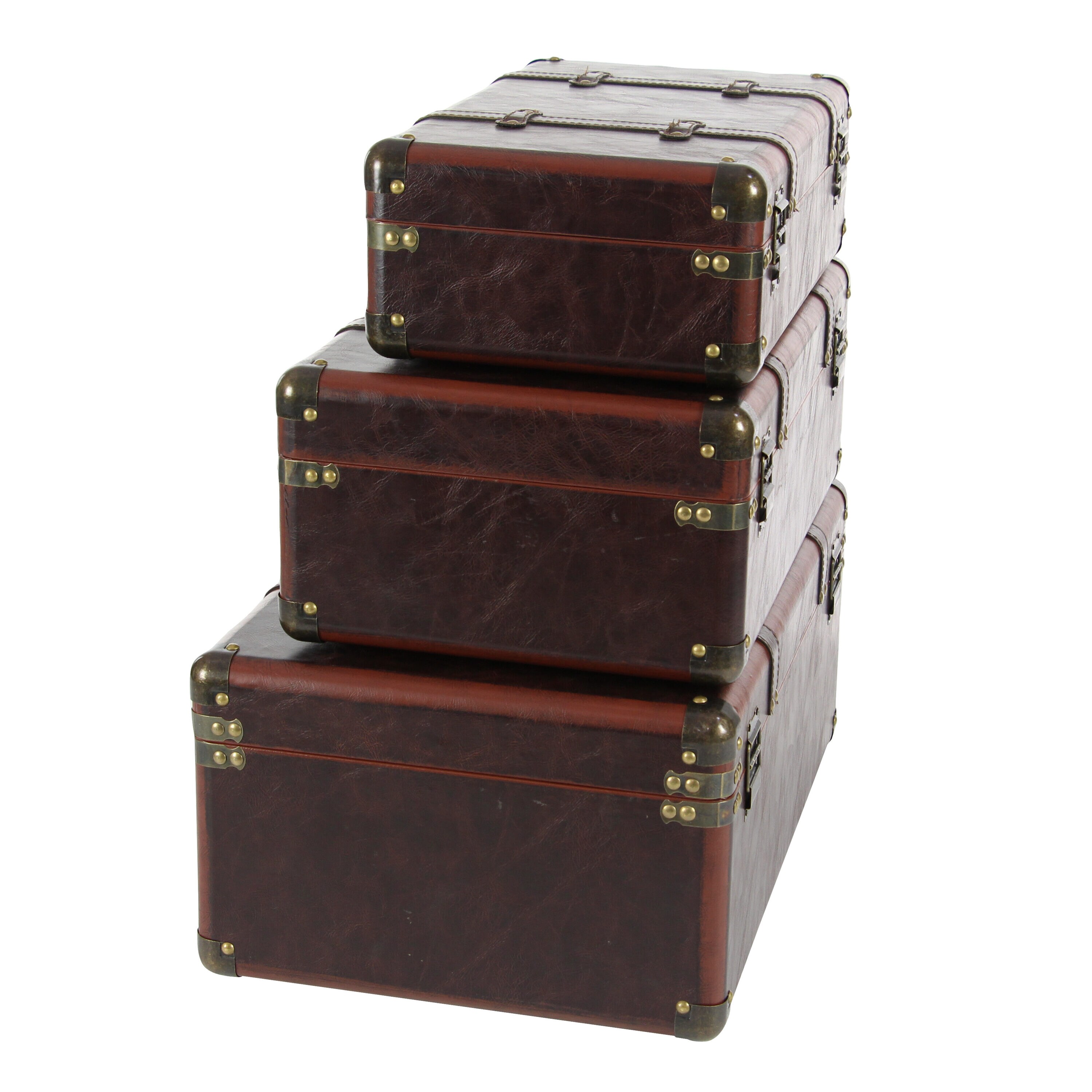 Vintage Charm Nested Faux Leather Trunks, Set of 3, Brown with Stud Accents