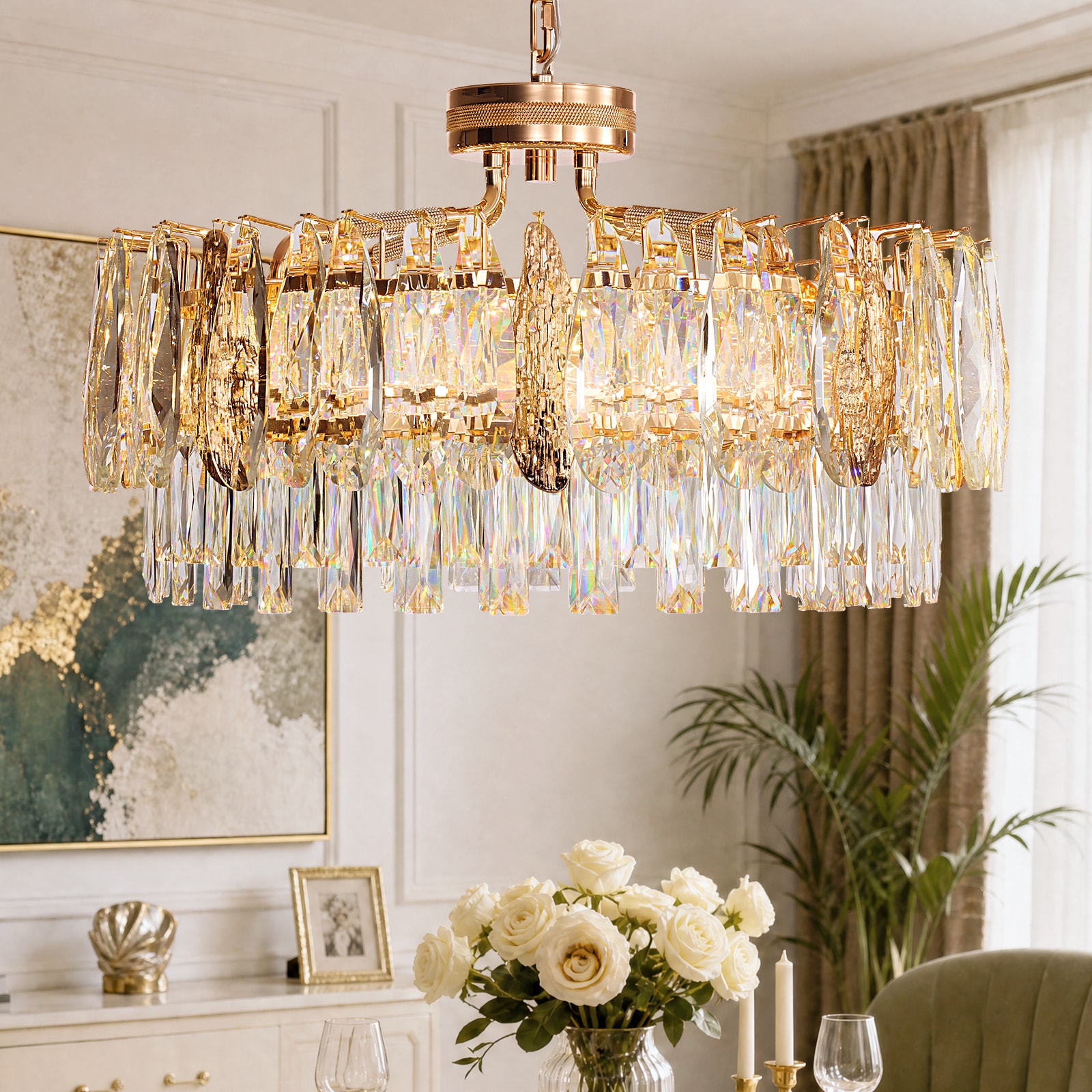 SILJOY 24-In Modern Glam Gold Dual-Tier Crystal LED Chandelier Adjustable Height Round Pendant Light for Dining Room Living Room Foyer and Bedroom