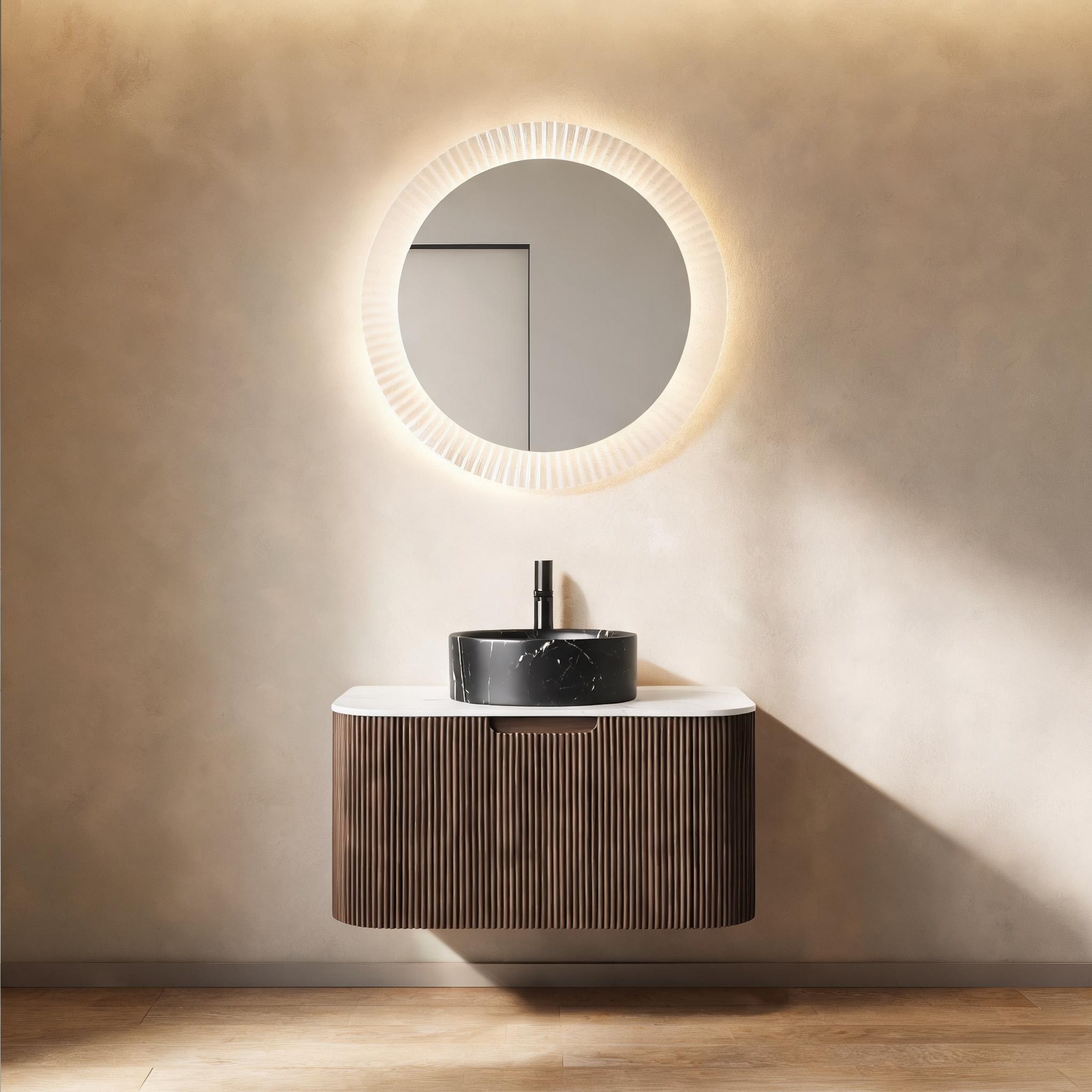 SunJet Round Basin Floating Wall-Mounted 30-Inch Bathroom Vanity in Matte Black and Dark Walnut with Carrara White Sintered Stone Top