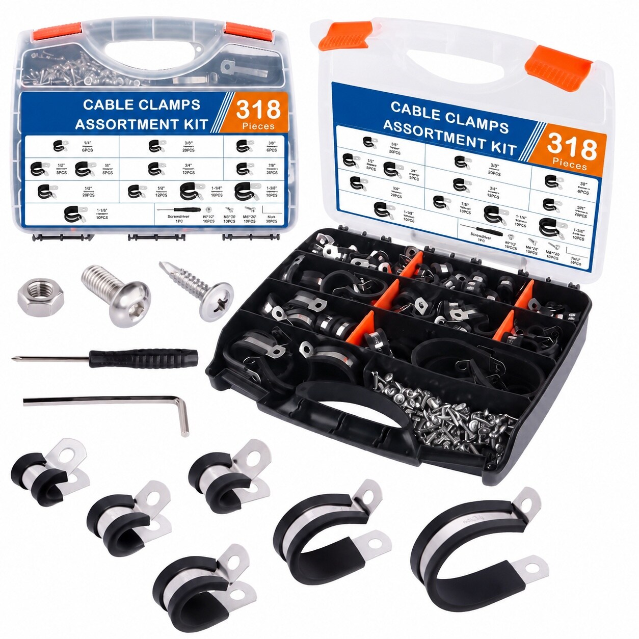 ITOPFOX  328PCS Cable Clamps Assortment Kit 304 Stainless Steel Rubber Cushion Pipe Clamps 9 Sizes with Screws Screwdriver and Wrench