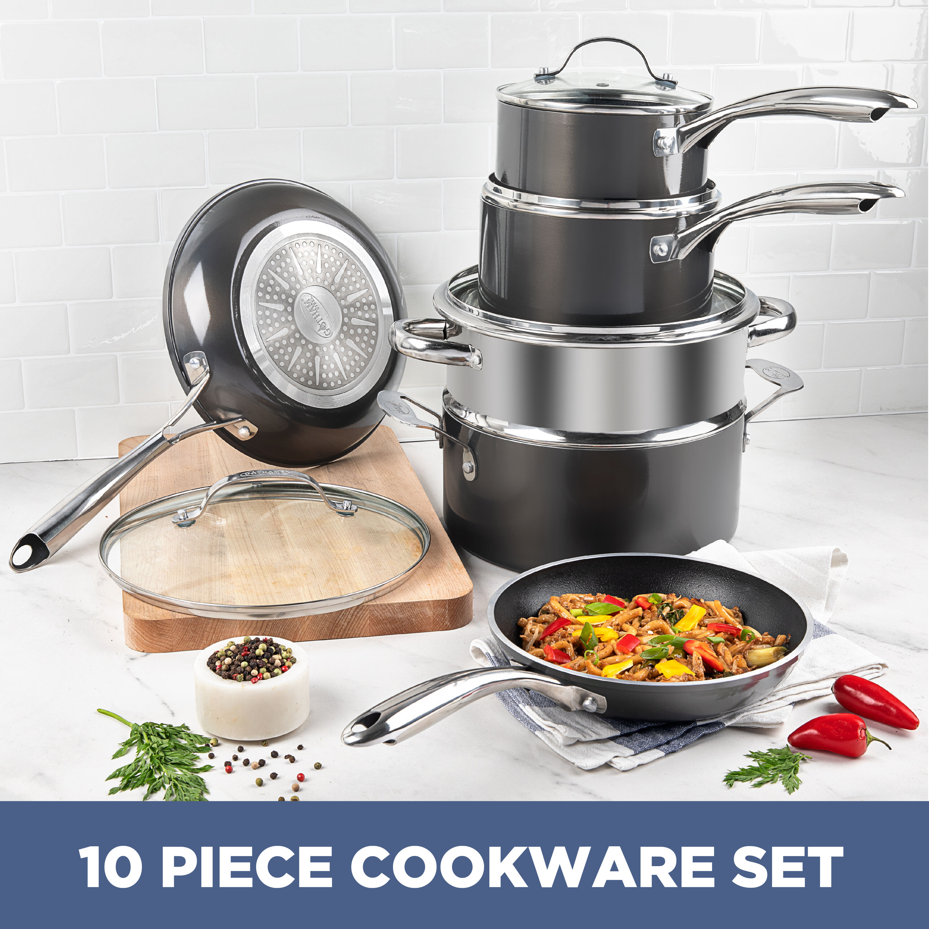 Farberware Dishwasher Safe Nonstick 15-Piece Cookware Set, Pewter