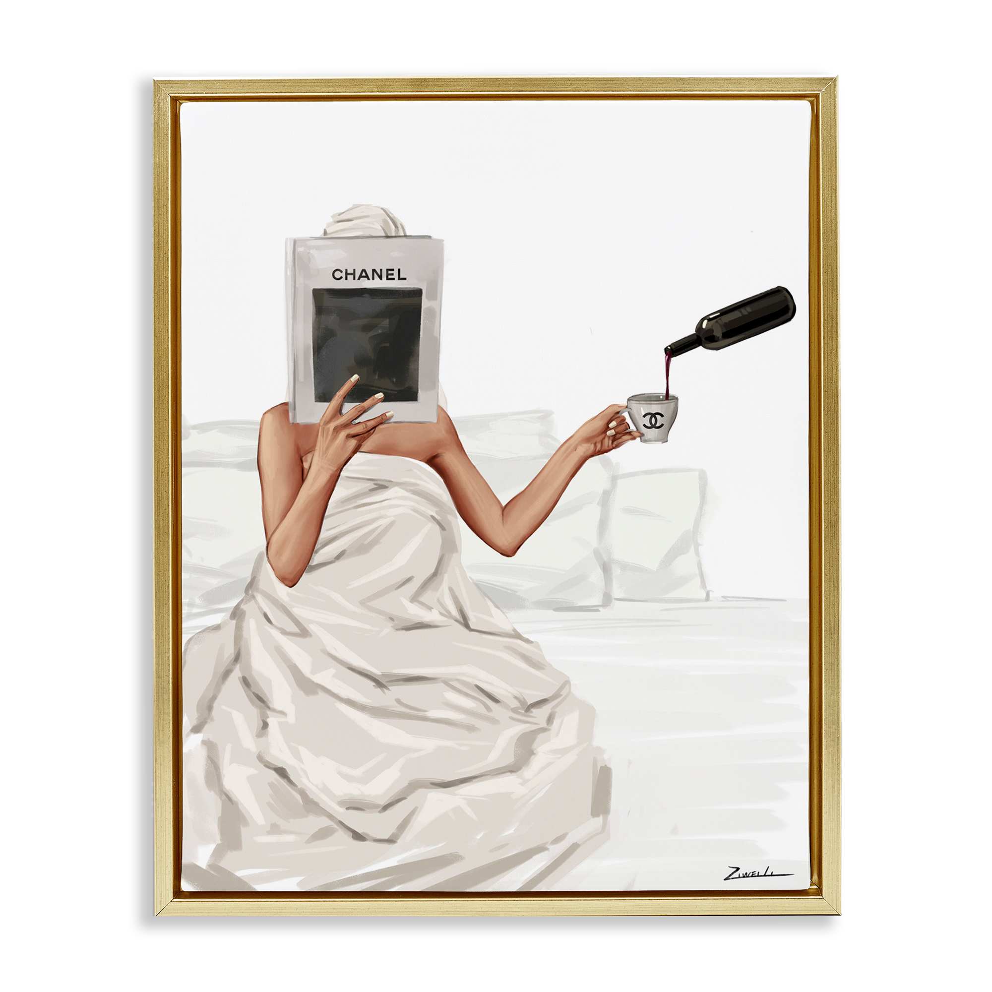 Stupell Industries BT-190-FFG-16X20 Pouring Drink in Bed Gold Framed Floater Canvas Wall Art By Ziwei Li 17 x 21