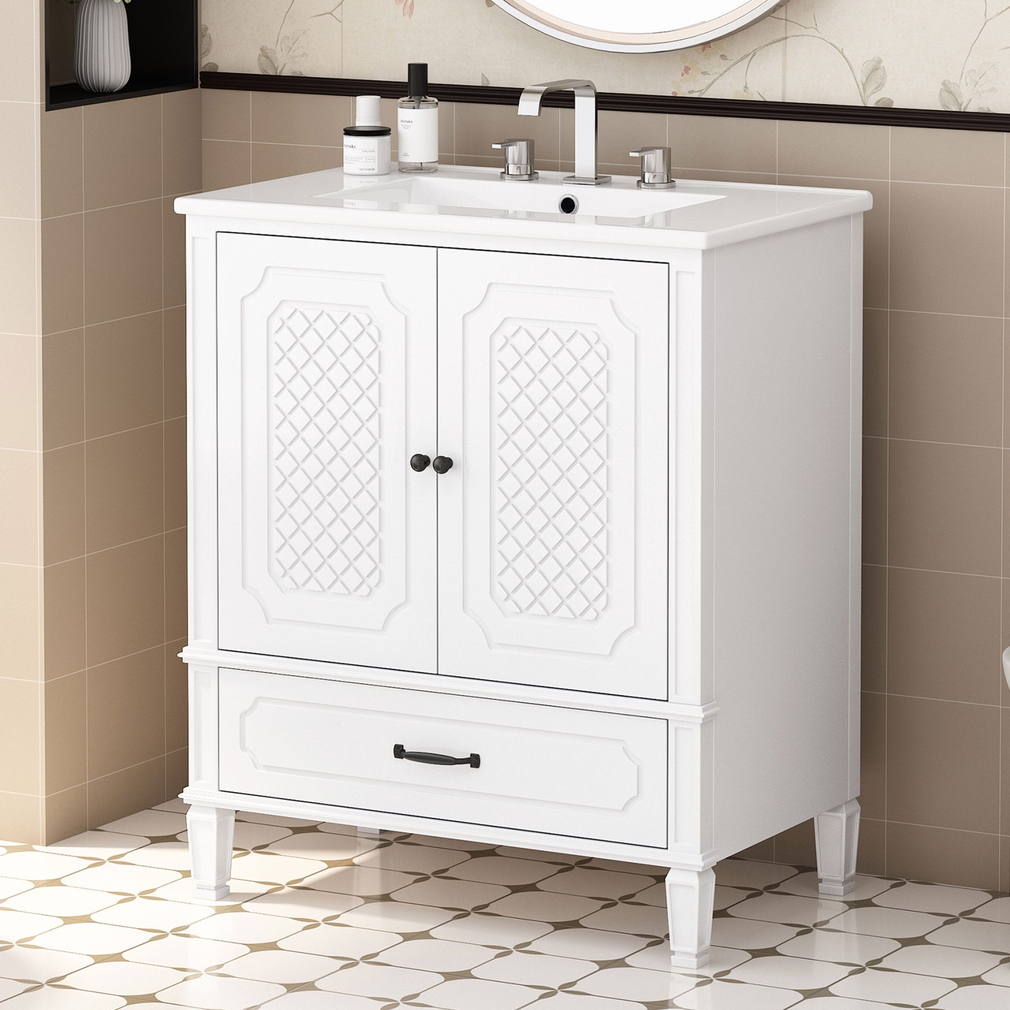 WELLFOR GIZBSO06MR VZ 30-in White Undermount Single sink Bathroom Vanity with White Ceramic Top