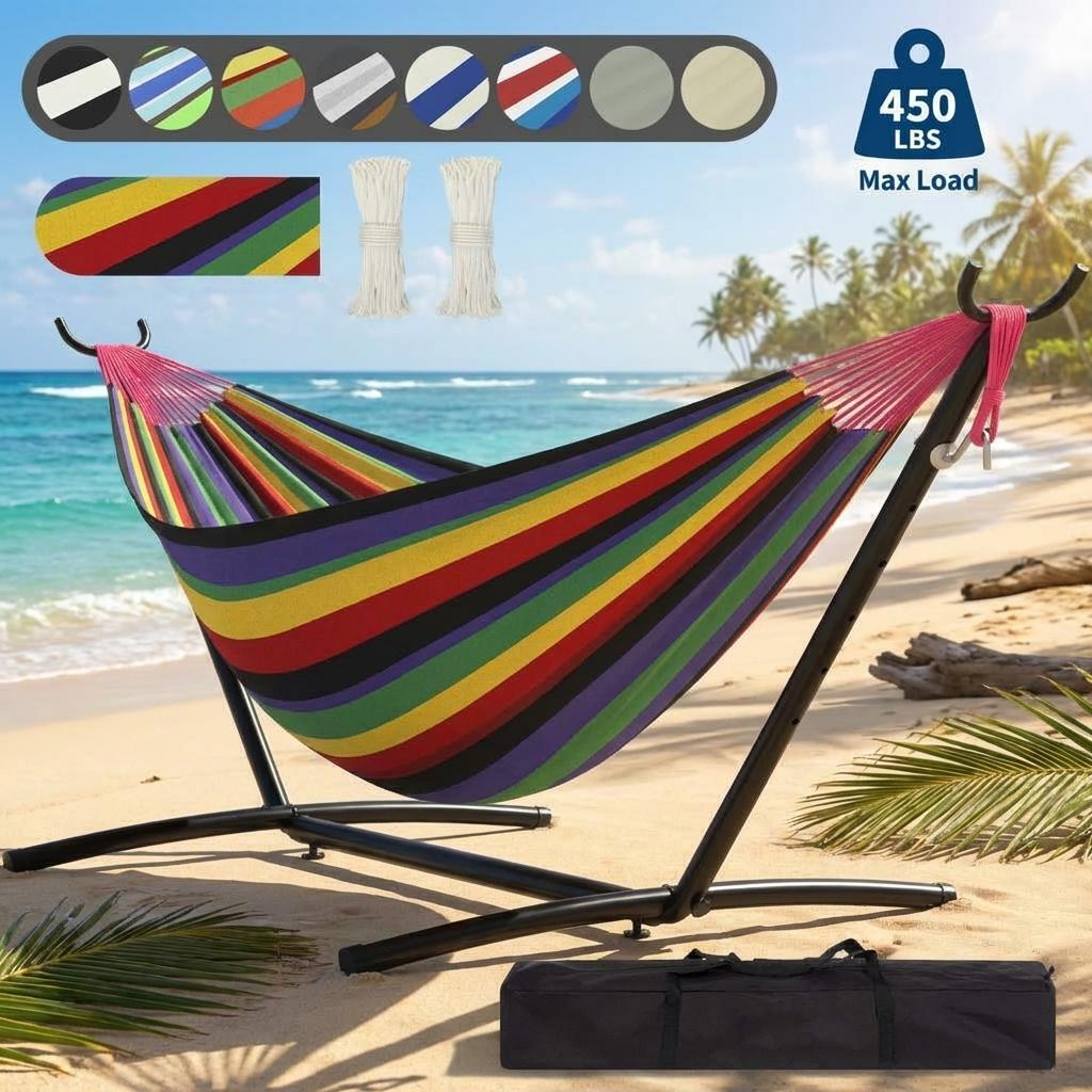 Encore Beets Double Hammock With Stand For Outside 450 Lbs Capacity Portable Heavy Duty Steel Frame