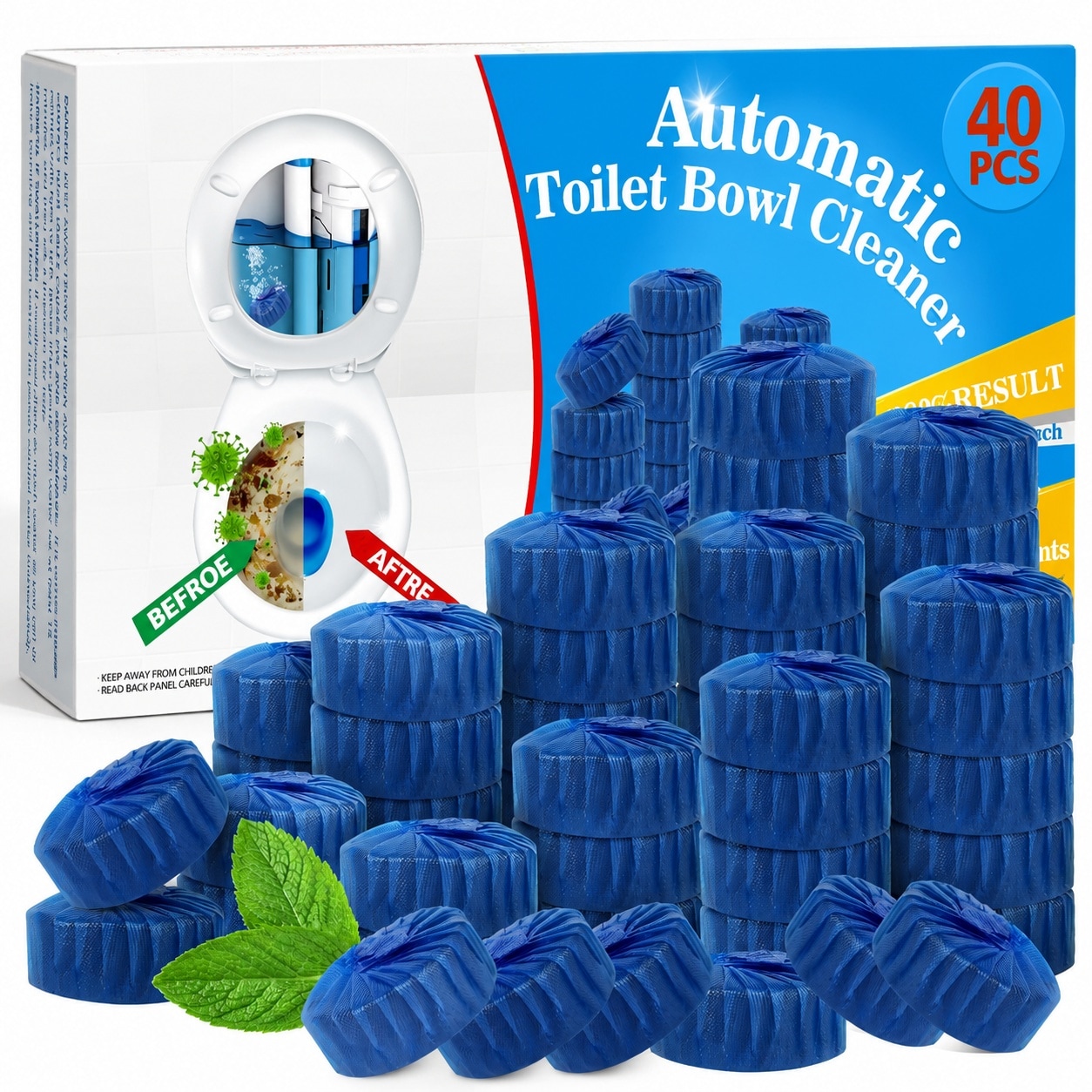 Phyfalip  40 pack toilet bowl cleaner tablets blue automatic toilet tank cleaners long lasting formula for household use removes stains odors and