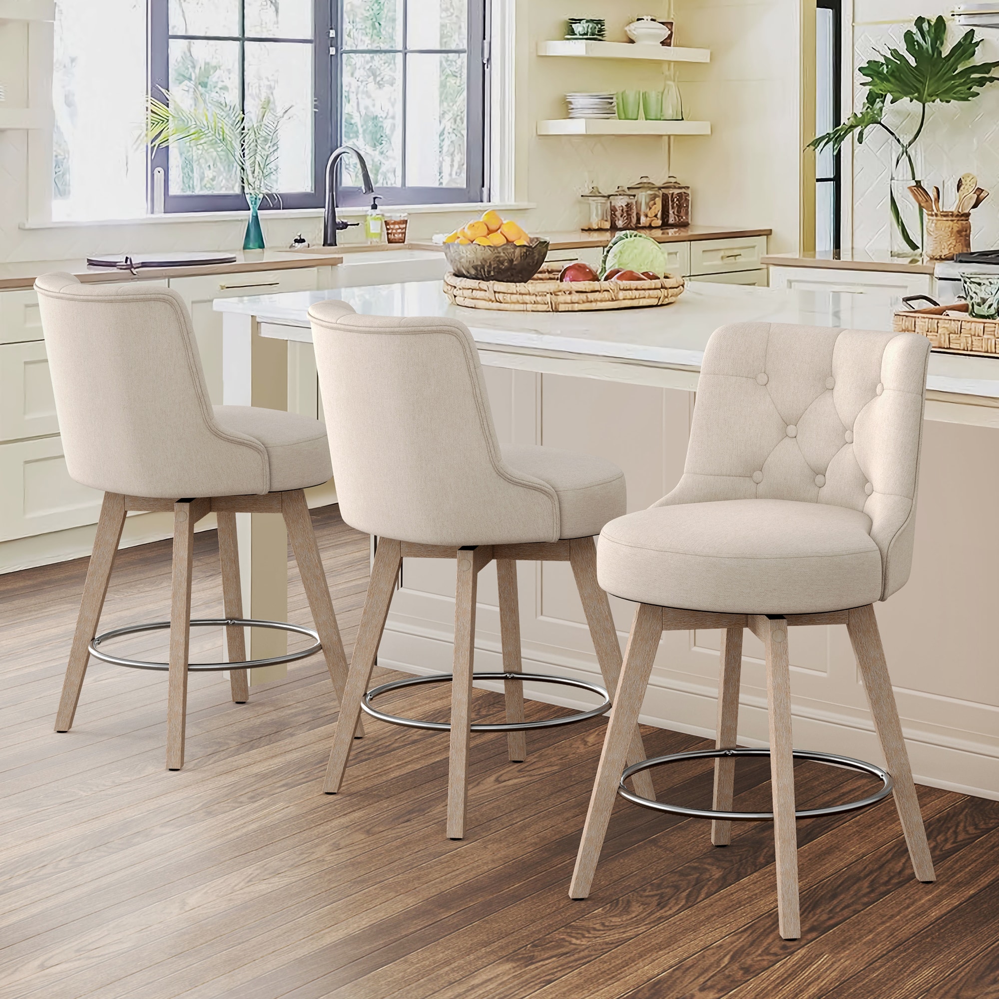LUE BONA 3YB-156-05LS Set of 3 Linen Color 26-in H Counter height (24-in to 27-in) Round Seat Upholstered Swivel Wood Back Bar Stool Back